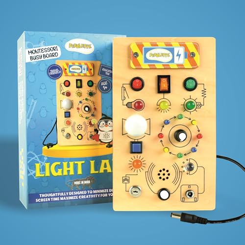 Image of Light Lab Wooden Montessori Busy Board with Lights & Switches | Sensory Learning Toy with Number Sounds | Educational Wooden Toy for Toddlers 1-3 Years | Interactive Sound & Button Activity