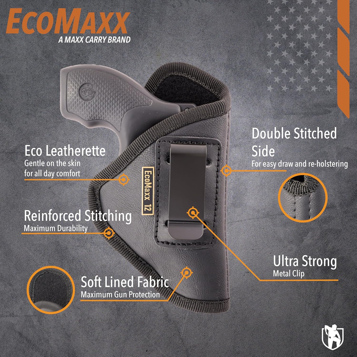 Maxx Carry IWB Revolver Gun Holster Conceal Carry, Soft Eco Leatherette, Suede Interior. Fits Any 38 J Frames | Ruger LCR, LCRx | S&W Bodyguard 38 Special, and Other Snub Nose Revolvers 2.5"