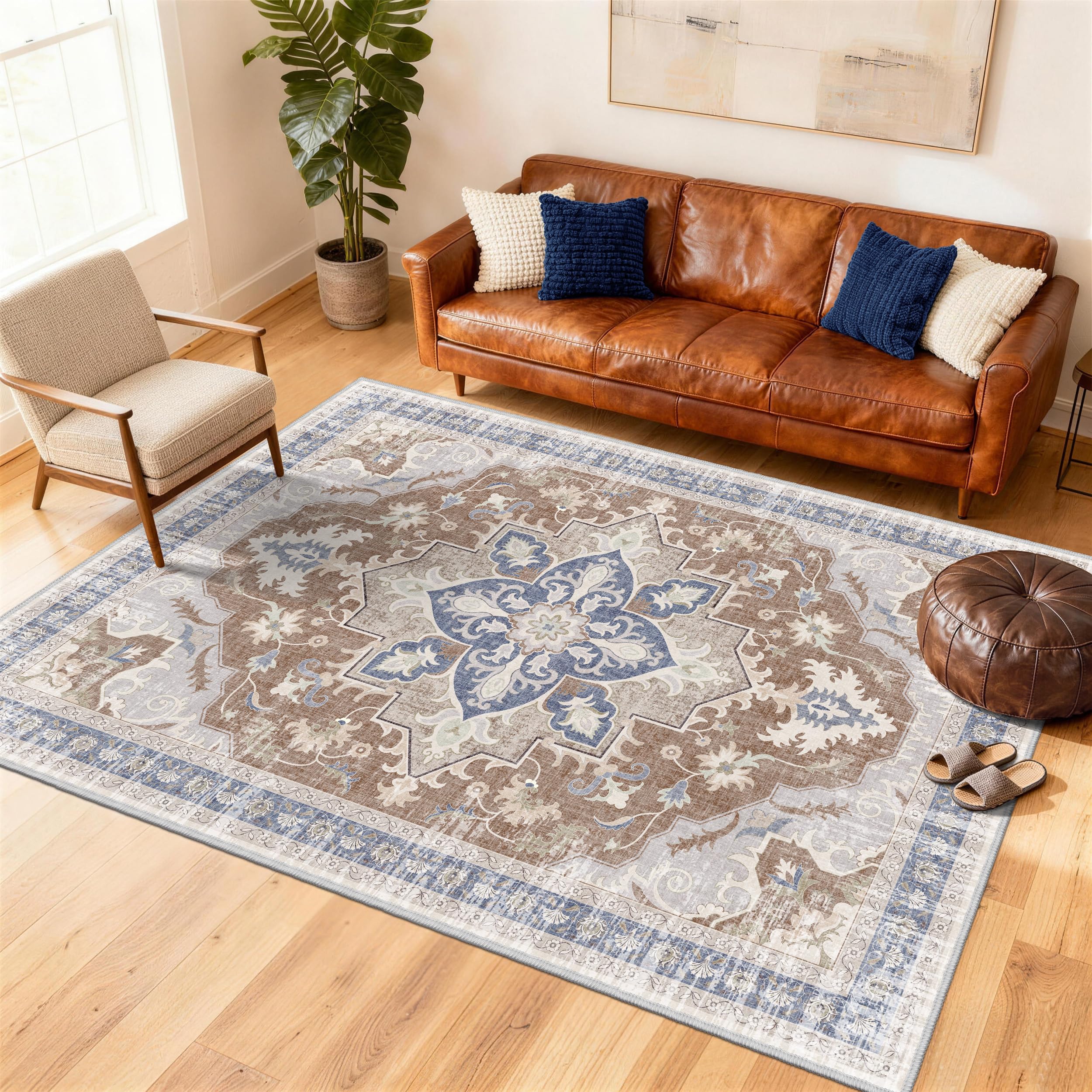 TTelephant 6x9 Area Rugs for Living Room, Soft Non-Slip Vintage Medallion Rug, Low-Pile Printed Washable Rug Carpet for Living Room, Bedroom, Dining