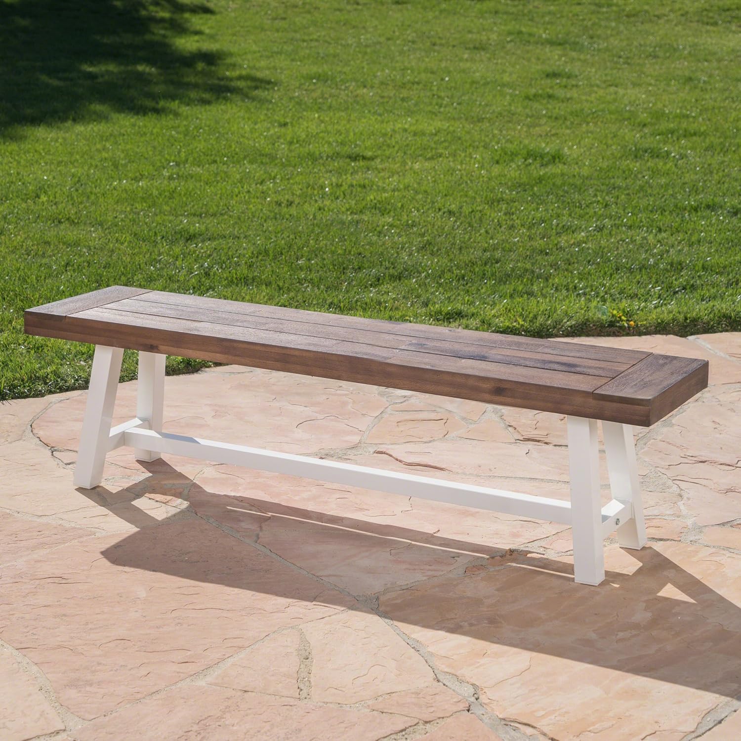 Great Deal Furniture GDFStudio Indoor Farmhouse Dark Brown Sandblast Finish Acacia Wood Dining Bench with White Rustic Metal Finish Frame