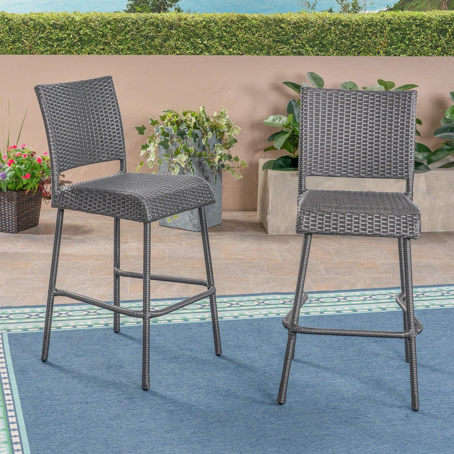 Jiro Gray Rattan Outdoor Barstool with Iron Frame