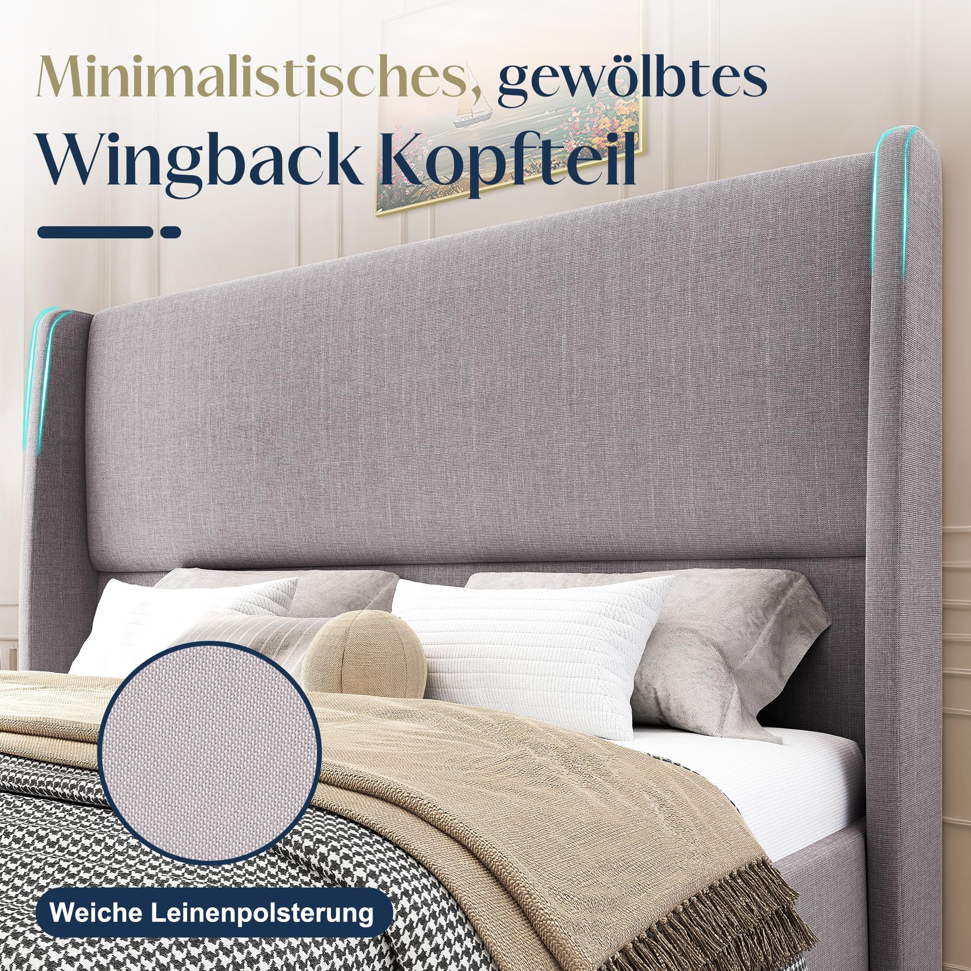 LUXOAK Polsterbett 160x200 mit Stauraum, Hydraulischer Bettkasten, Wingback Kopfteil 120 cm, Gepolstertes Bettgestell mit Lattenrost(Grau, 160 x 200 cm)