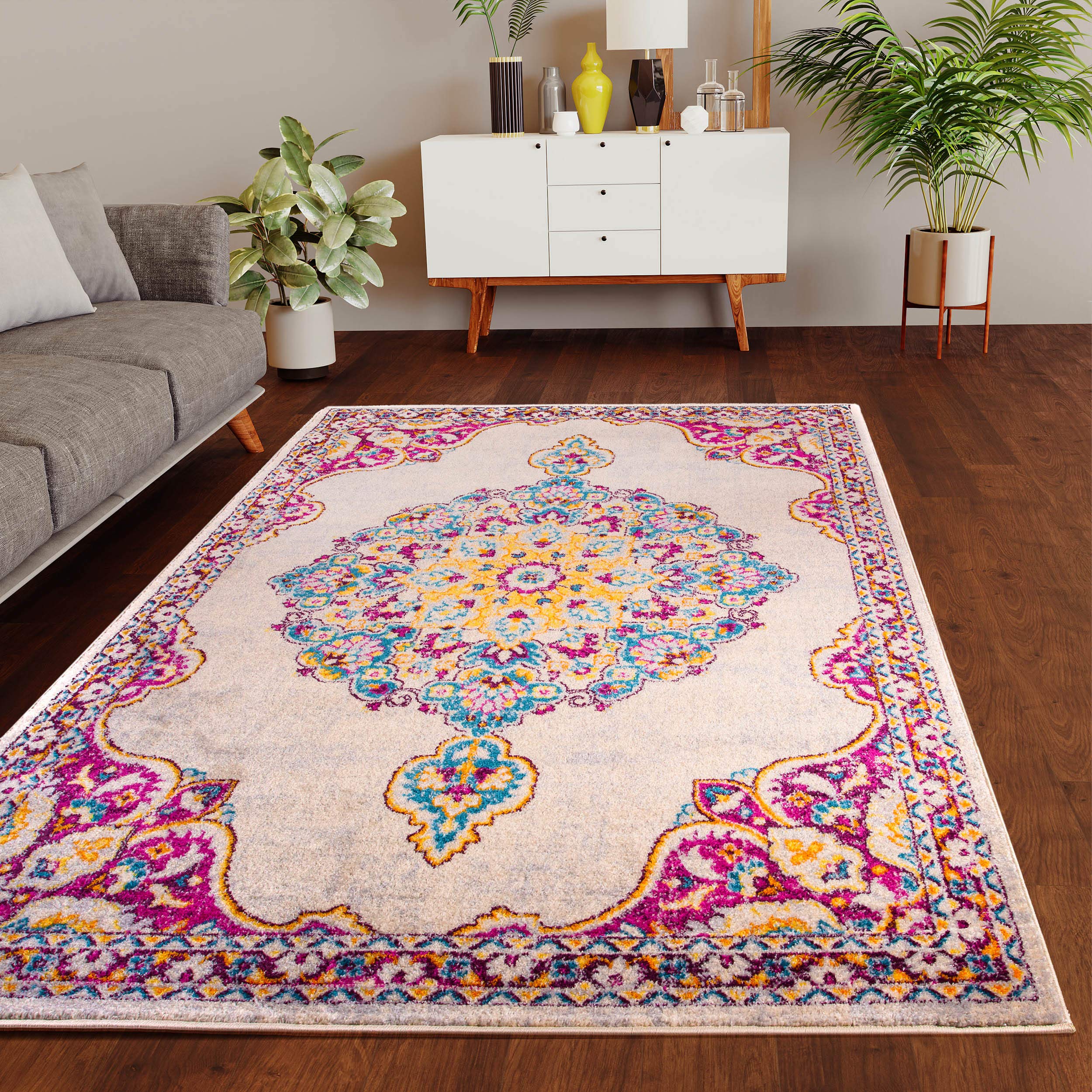 Buy Super Area Rugs Bohemian Medallion Area Rug, Beige, Pink and Yellow