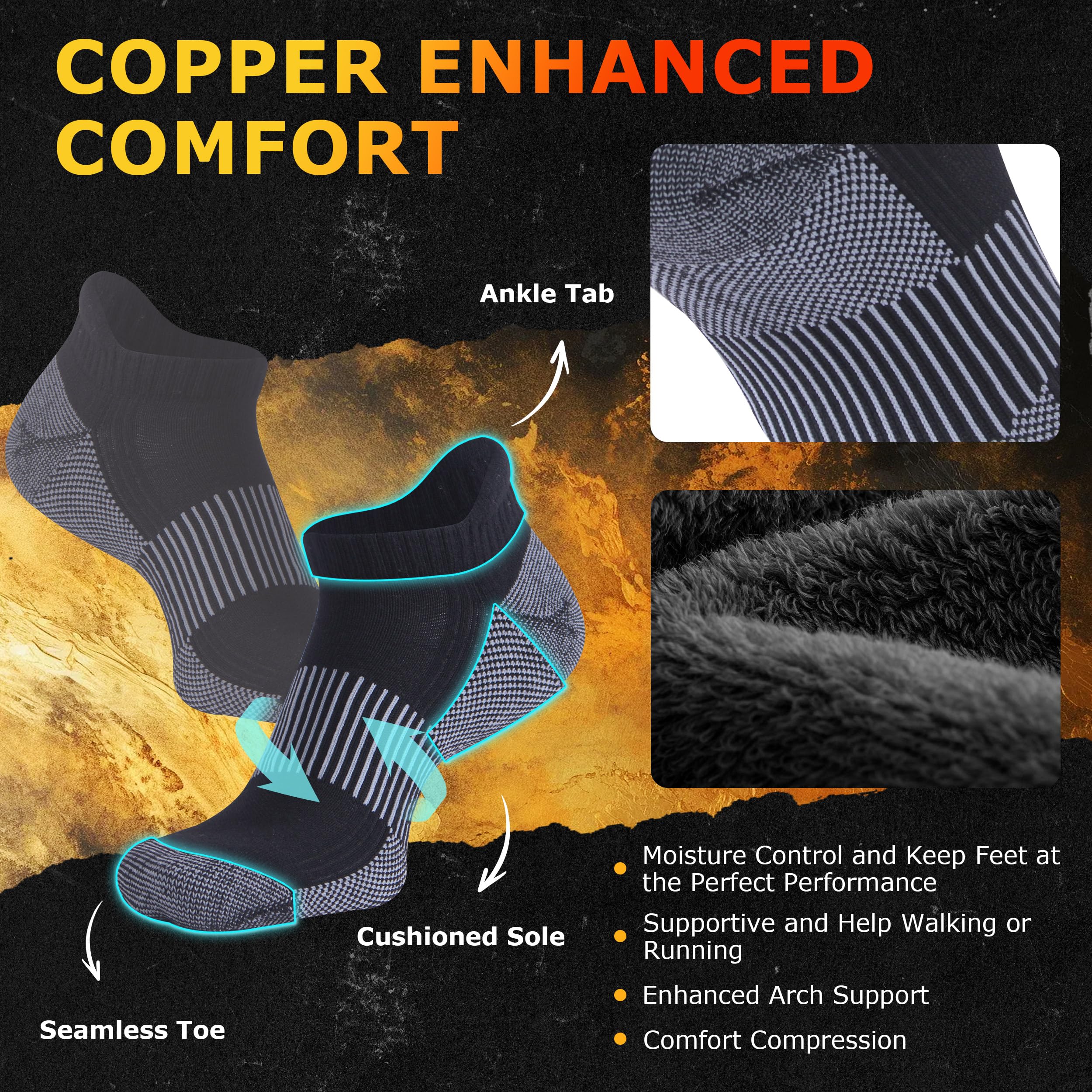 Dsource Uni Kupfersocken, gepolsterte Sohle, Fußgewölbeunterstützung, athletische Knöchelsocken, Radfahren, Basketball, Laufsocken, 3 No-Show, Schwarz und Weiß, Large-X-Large