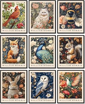 9 Pcs Unframed William Morris Animal Floral Art - Woodland Decor 8x10