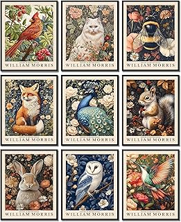 MAZUKO William Morris Wall Art Set of 9, Posters Prints Forest Wild Animal Pictures Paintings Gothic Botanical RFloral Oil animal wall art Fox rabbit sika deer Wall Decor for Bedroom (9pcs- 8x10in- UNFRAMED)