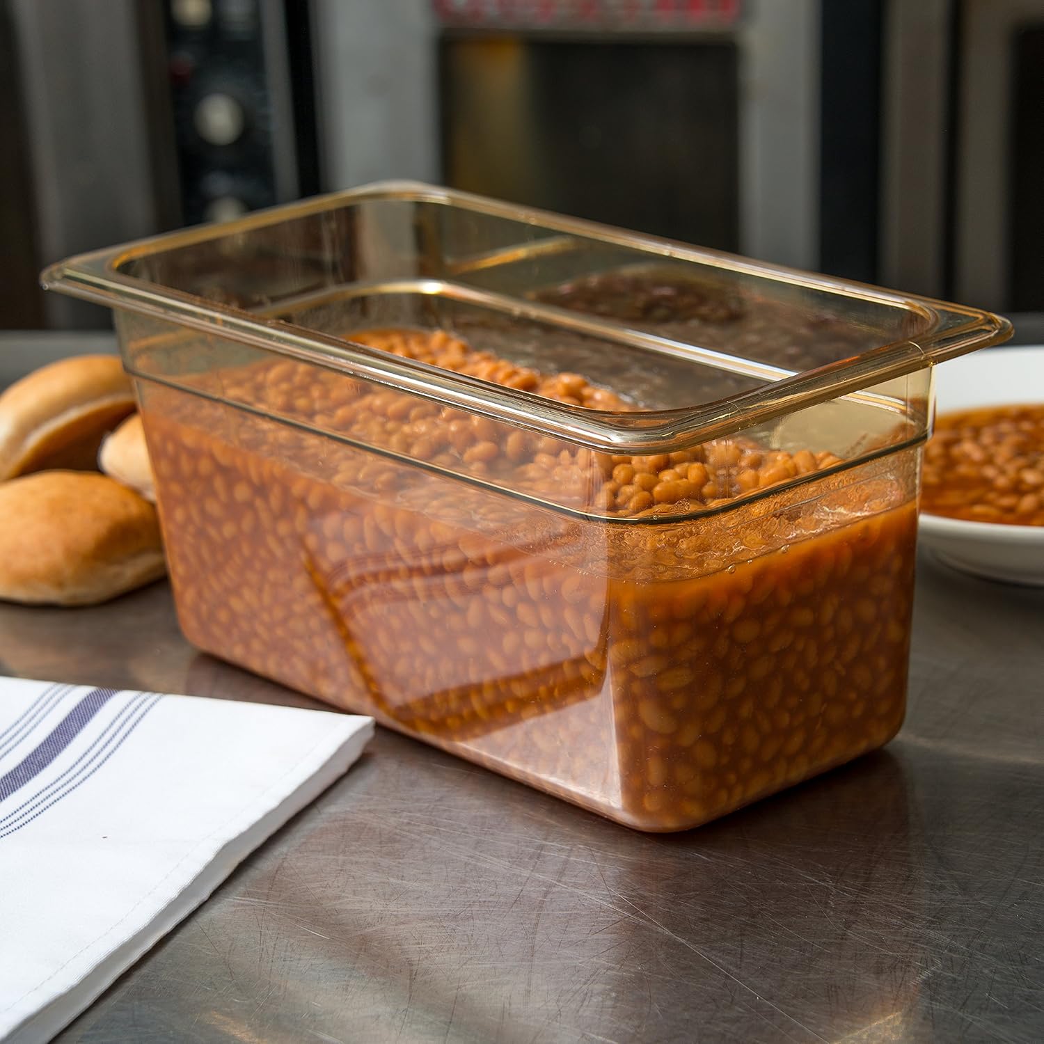Carlisle FoodService Products Storplus High Heat Food Pan Steam Table Pan, Chafing Pan with Spoonable Corners for Catering, Buffets, Restaurants, High Heat Plastic, 1/3 Size 6 Inches Deep, Amber