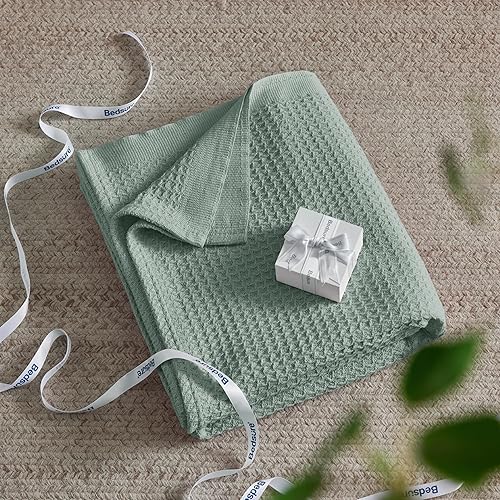 Miniatura 5 de Bedsure Mantas 100% algodón para sofá, mantas de tejido gofre para cama, manta ligera y suave de primavera para oficina, verde salvia, 50 x 70
