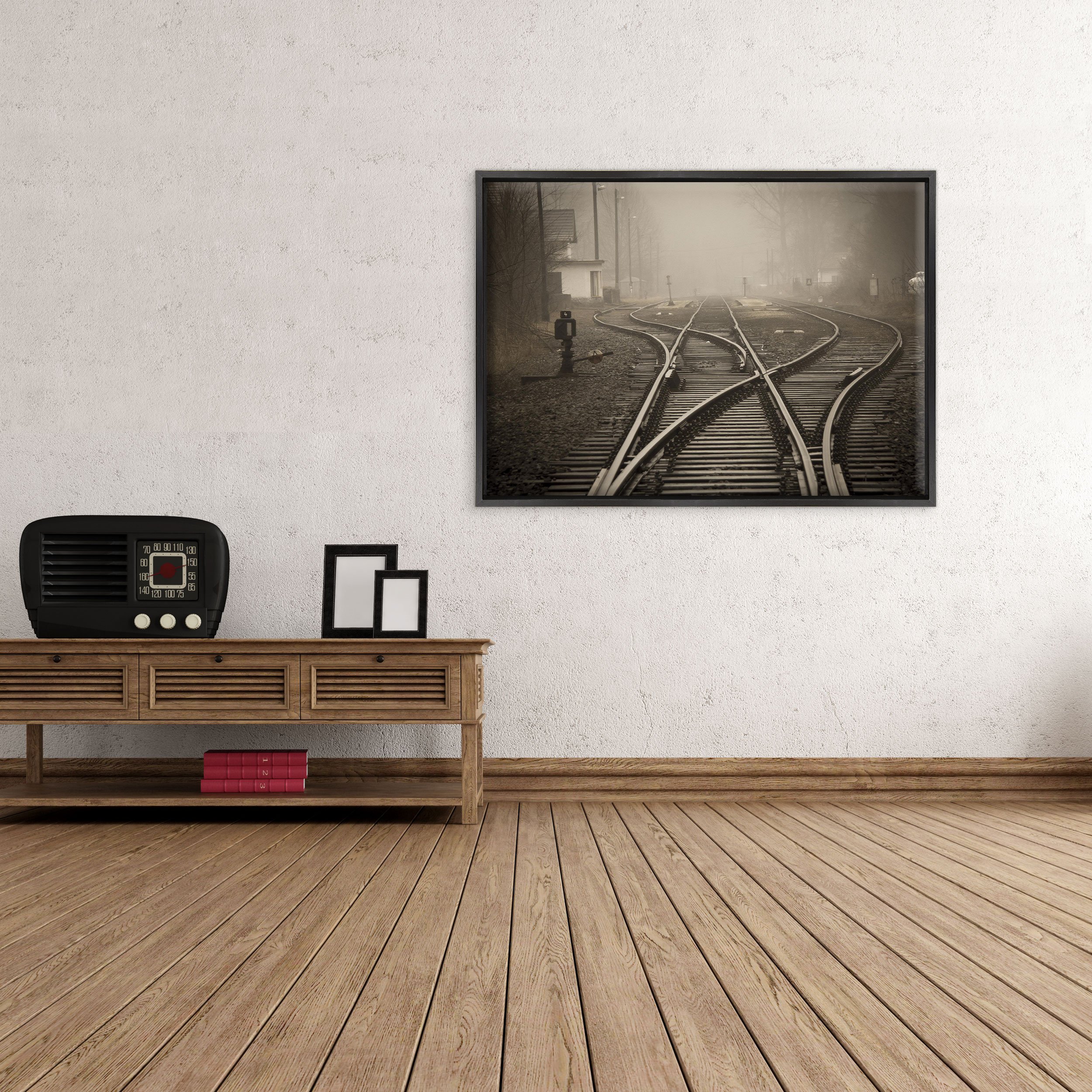 QUADRO SU TELA CANVAS INTELAIATO - CON CORNICE - Ferrovia - Binari del Treno - Natura Paesaggio Panorama - 30x40cm - Stile Moderno Nero - (cod.3836)