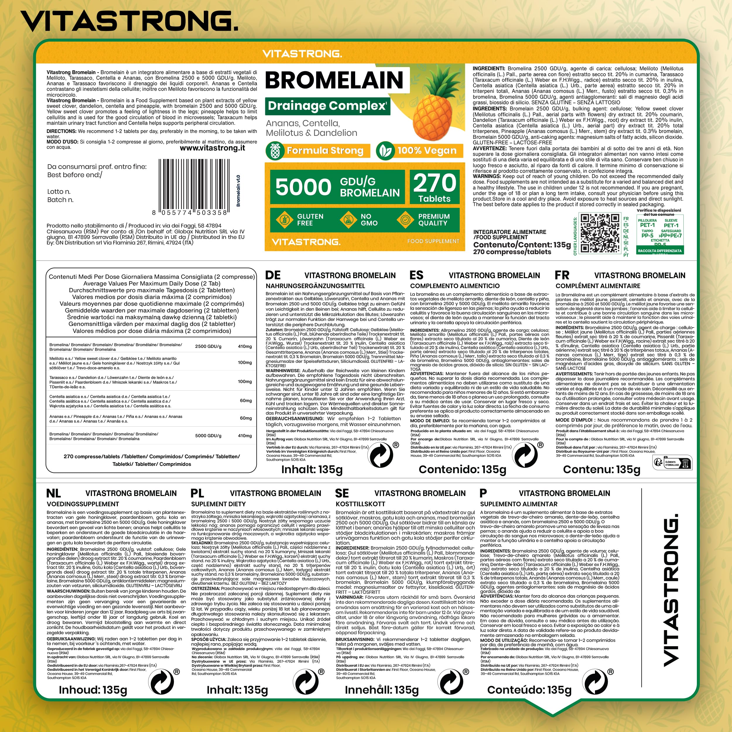 Bromelina Forte Drenante Vitastrong, Integratore Bromelina 5000 GDU, Vegana, Qualità Premium, 270 Compresse, Formula Complex con Centella Asiatica, Tarassaco e Meliloto, Bromelain Senza Glutine, OGM