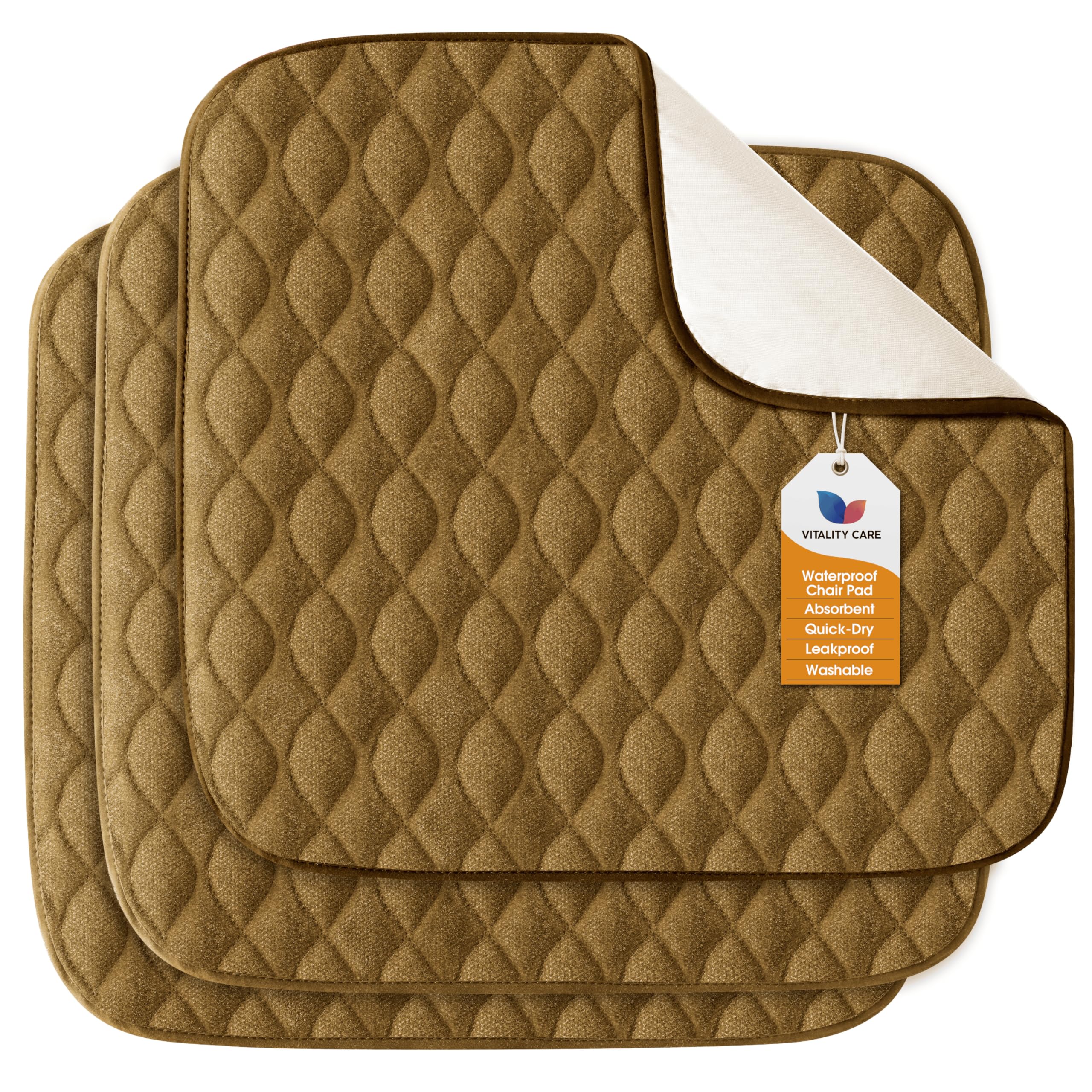 Vitality Care Brown 3Pcs Washable Absorbent Incontinence Chair Pad – Waterproof Non-Slip Seat Protector For Wheelchairs, Car Seats, Sofa & Bed, Reusable 4-Layer Chair Cover For Adults, 53 × 56 Cm