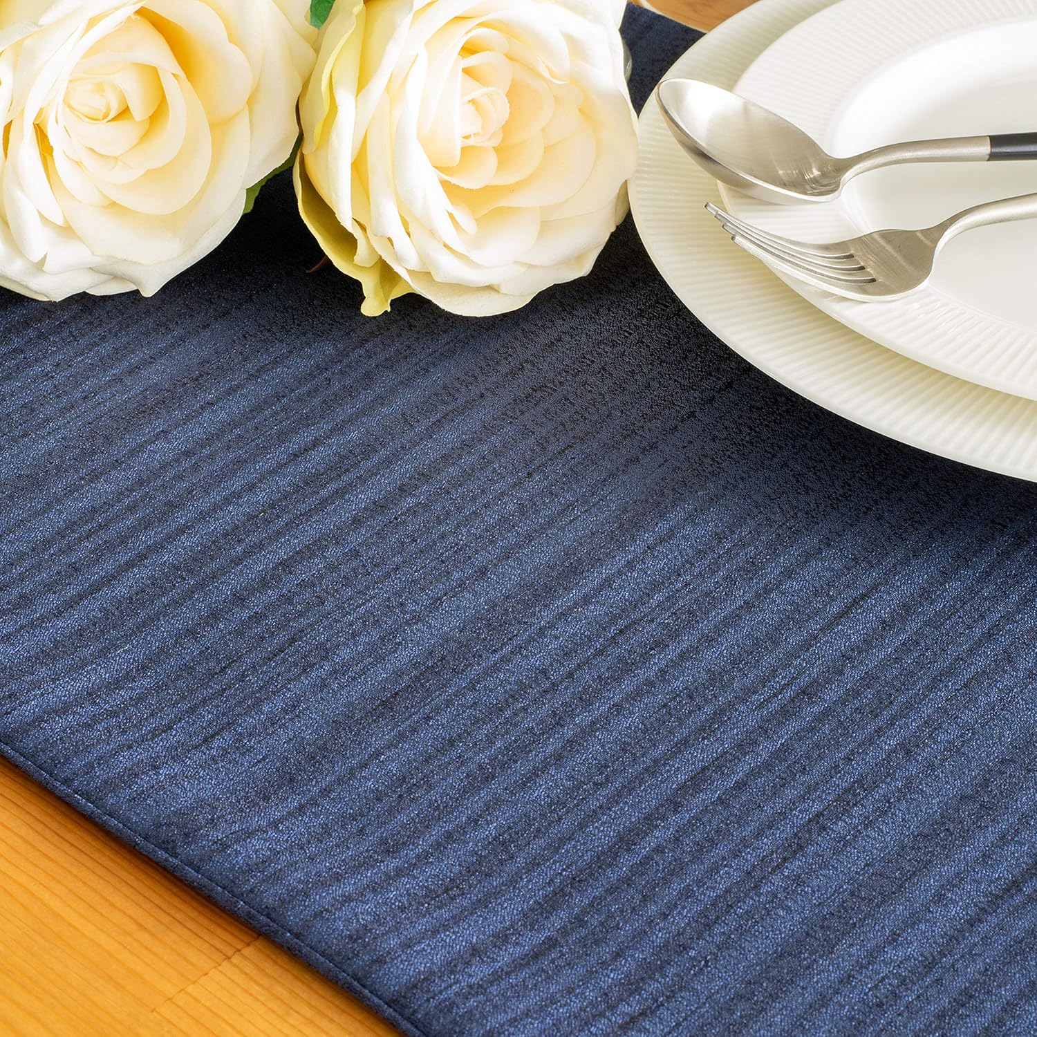 The White Petals Dark Blue Dining Table Runners (13x72 inch, Pack of 1, Pom Pom Trim) Fabric Lined | Properly Finished, No Fray Edges | for Home, Kitchen, Dining Room, Holiday, Wedding Party Décor
