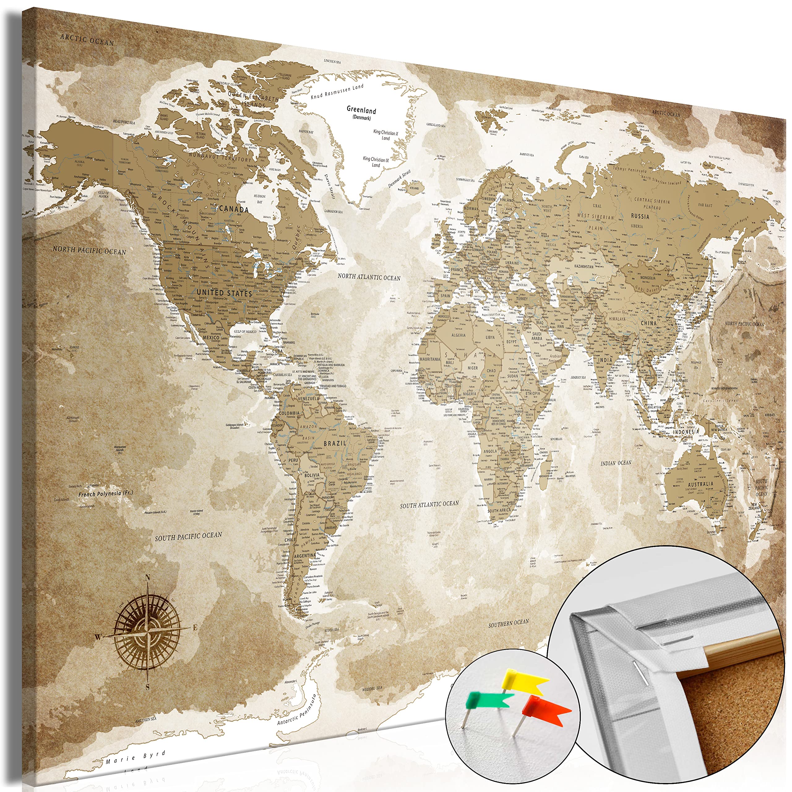 murando - Lavagna Di Sughero per Puntine - Mappa Mondo 120x80 cm 1 Pezzo - Bacheca Sughero da Parete & Quadro su tela in un Uno - Grande Decorativo per Parete per le Note - Terra k-C-0127-p-a