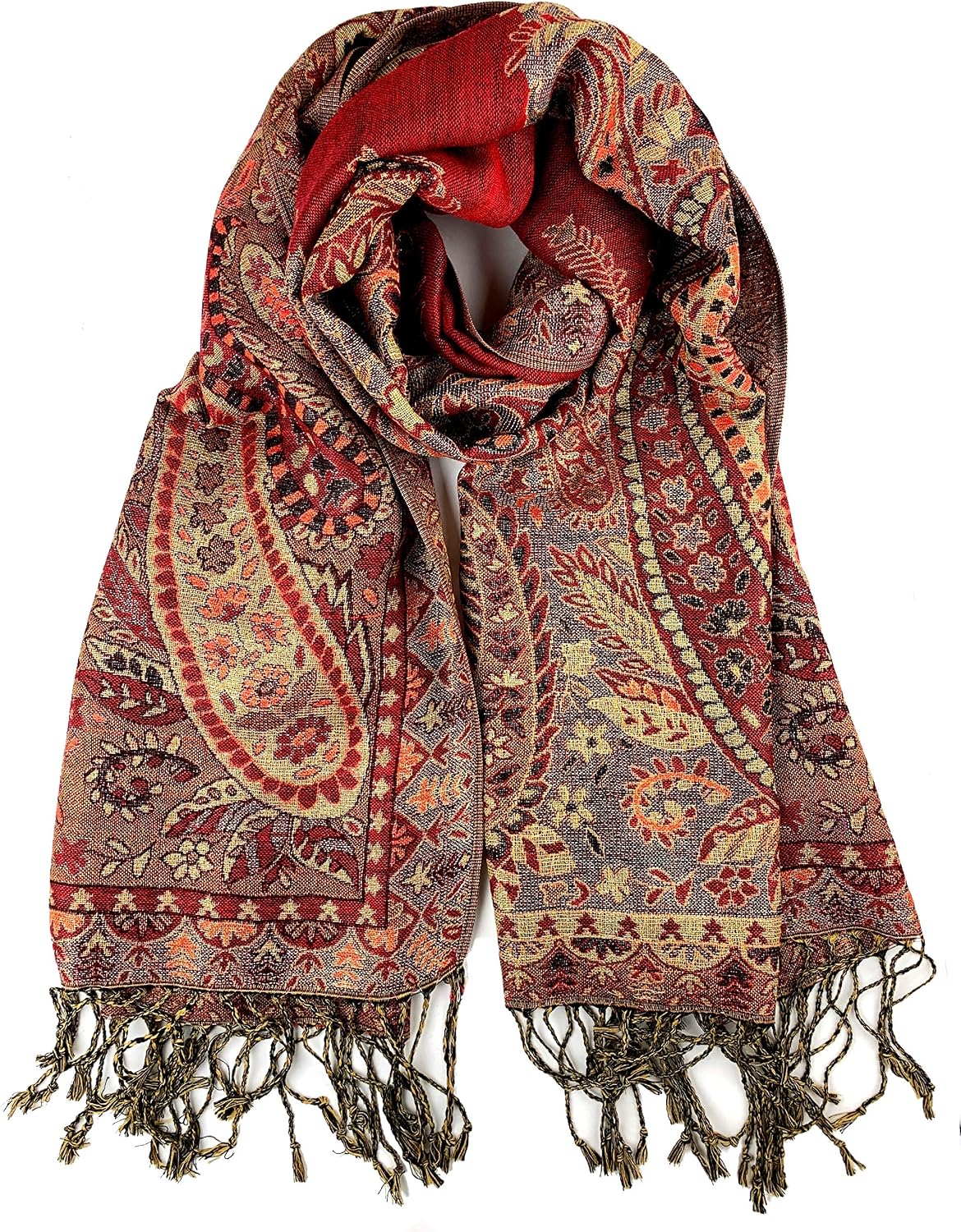 Plum Feathers Metallic Tapestry Ethnic Paisley Pattern Pashmina Scarf