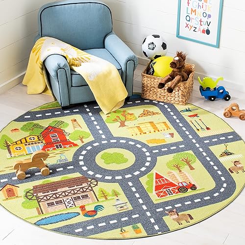 SAFAVIEH Tapete infantil de la colección Playhouse de 5 pies, redondo, verde claro y gris oscuro, no desprende pelusa, lavable a máquina y