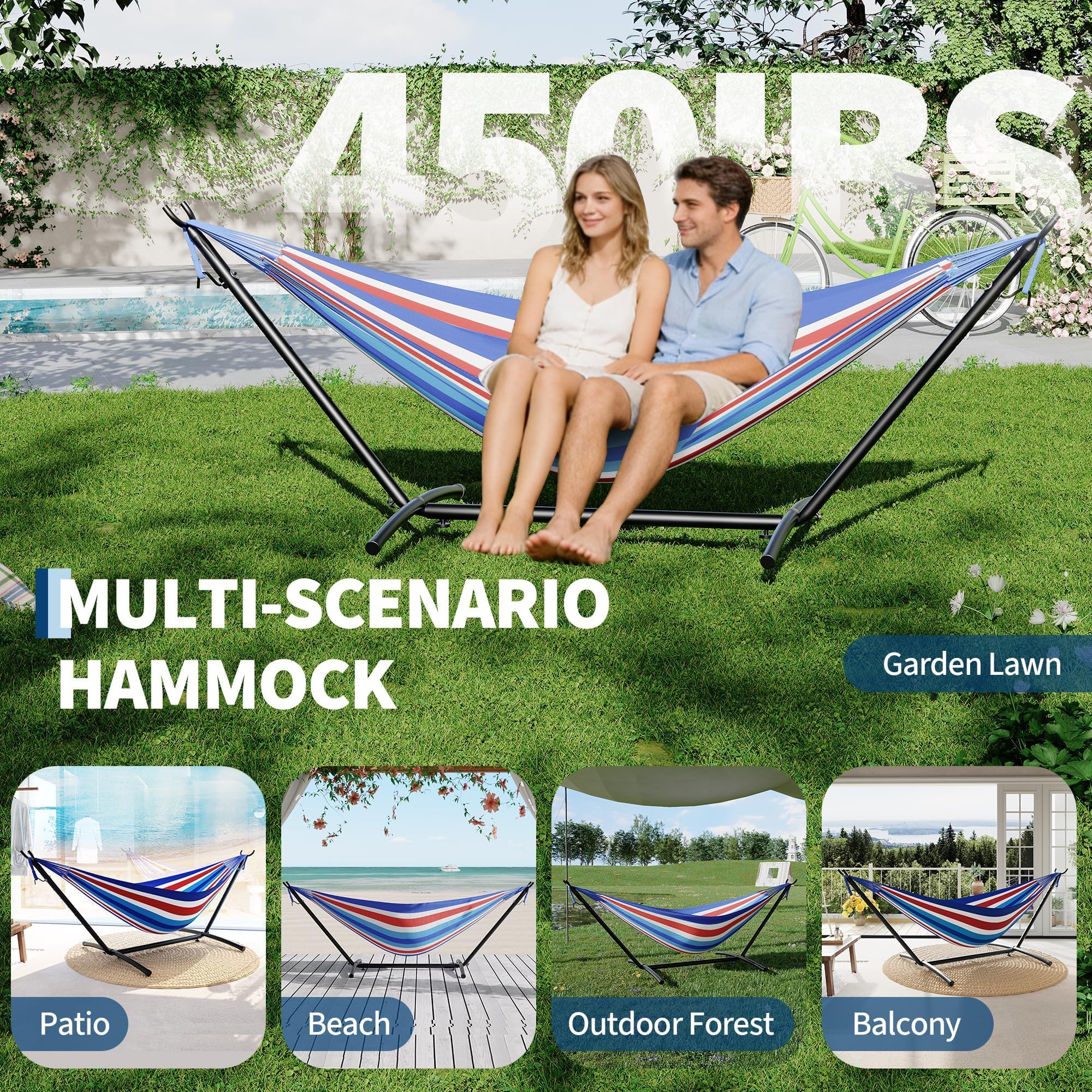 Garvee Hamaca Portátil para 2 Personas Resistente 450 Libras con Soporte Plegable - Ideal para Jardín, Playa y Camping Exterior - Rayas Azules, Blancas y Rojas