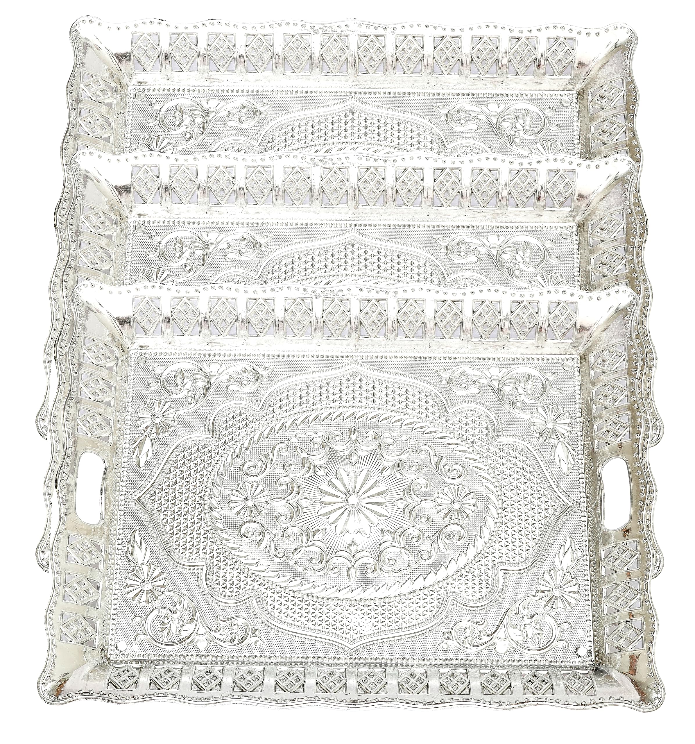 MADHULI Traditional Design Serving Rectangular Tray,Plastic Silver Finish Serving Tray,Rectangle Tray,Designer Platters,Tray For Serving,Multipurpose Tray,Decorative Tray,Mukhwas Serving Tray,3Pieces