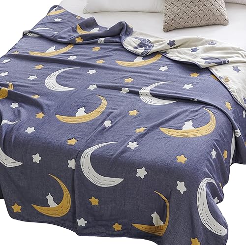 J-pinno Manta reversible de muselina de estrellas y luna brillante, 100% algodón, 6 capas, manta suave y cálida, para sofá y niños pequeños, sábana