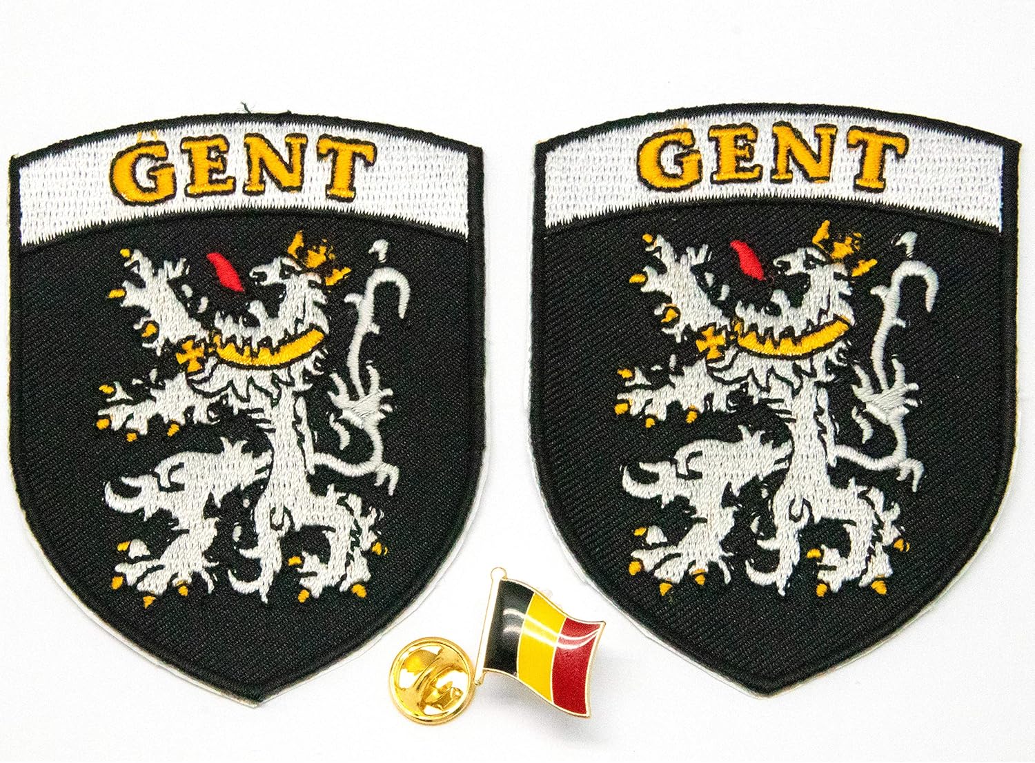 A-ONE -Belgium Gent Landmark Emblem Patches 2 Pcs + Belgium Flag Metal Pin 1Pc, Travel Badge Belgium Ghent Embroidered Iron On Applique World Flag Badges No.040D