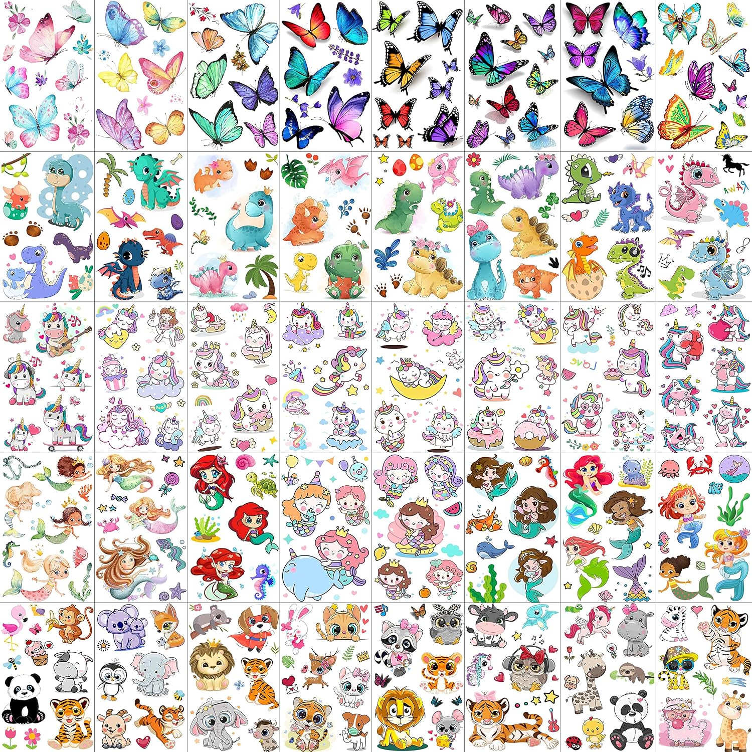 FANRUI 40 Sheets 266+ PCS Cartoon Cute Temporary Tattoos For Kids Girls Boys Face Arm Cholo, 3D Butterfly Dinosaur Temp Tattoos Unicorn Mermaid Animals, Children Tattoo Stickers Party Favor Supplies