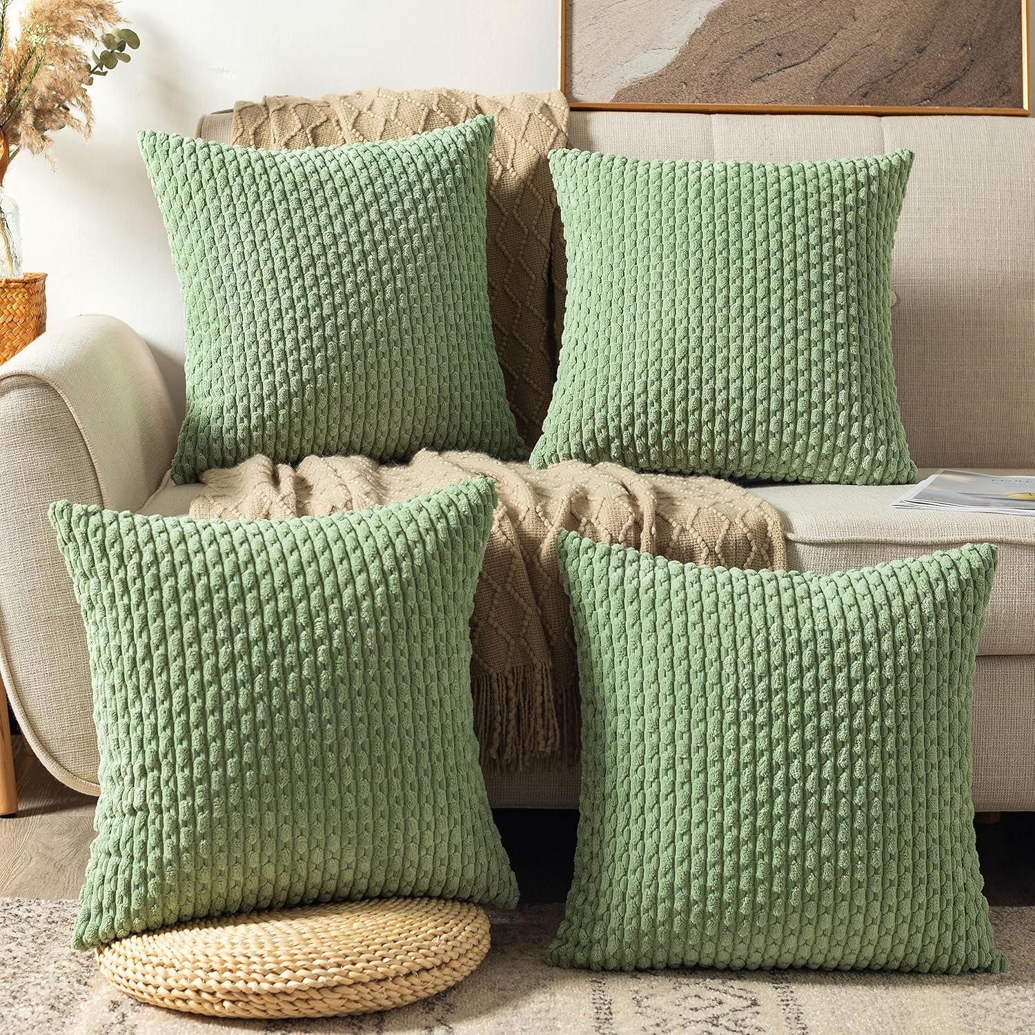 UGASA Soft Corduroy Pillow Covers Pack of 4 Boho Stripe