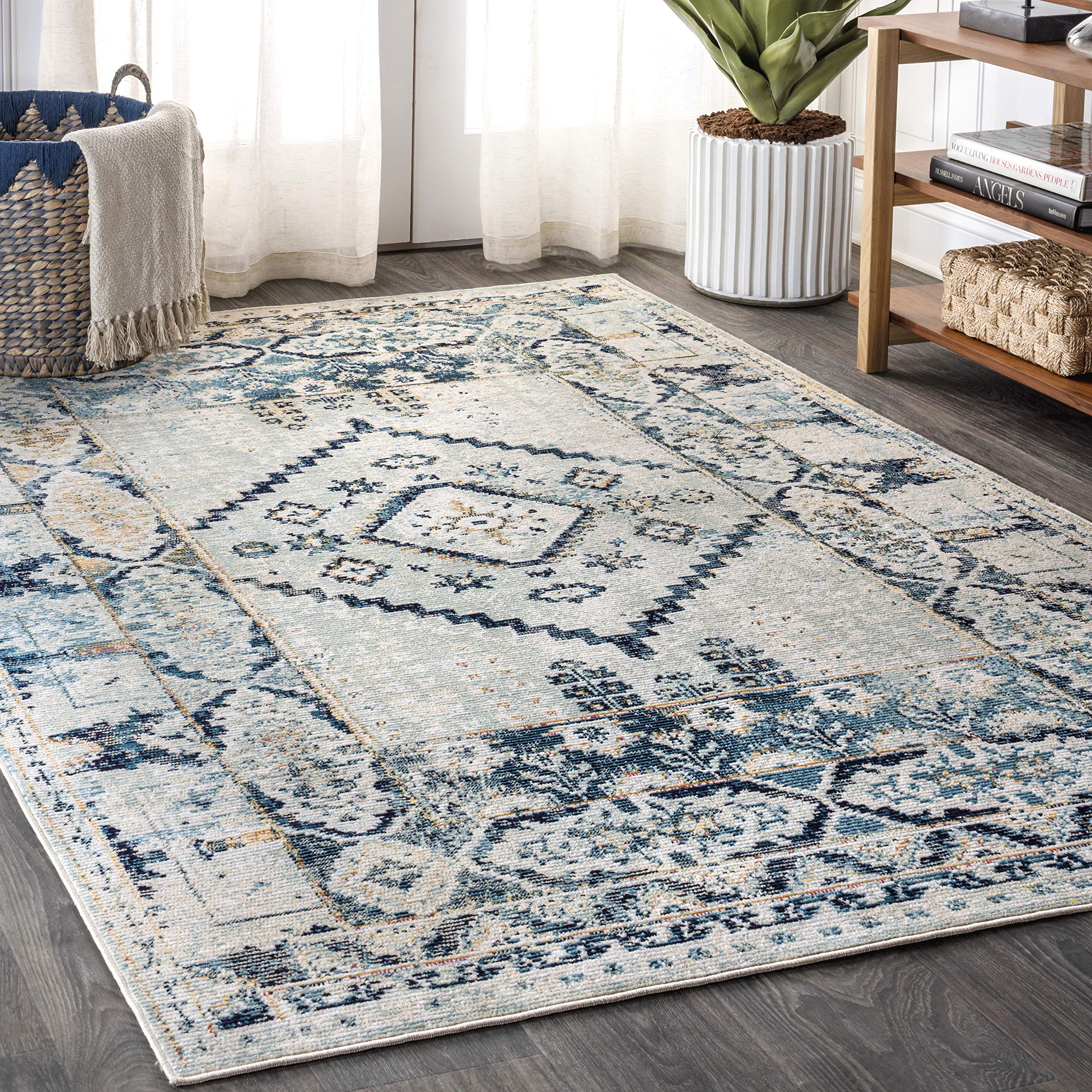 JONATHAN Y CAV103A-5 Osuna Diamond Vintage Medallion Indoor Area-Rug Bohemian Easy-Cleaning High Traffic Bedroom Kitchen Living Room Non Shedding, 5 ft x 8 ft, Indigo Blue/Ivory