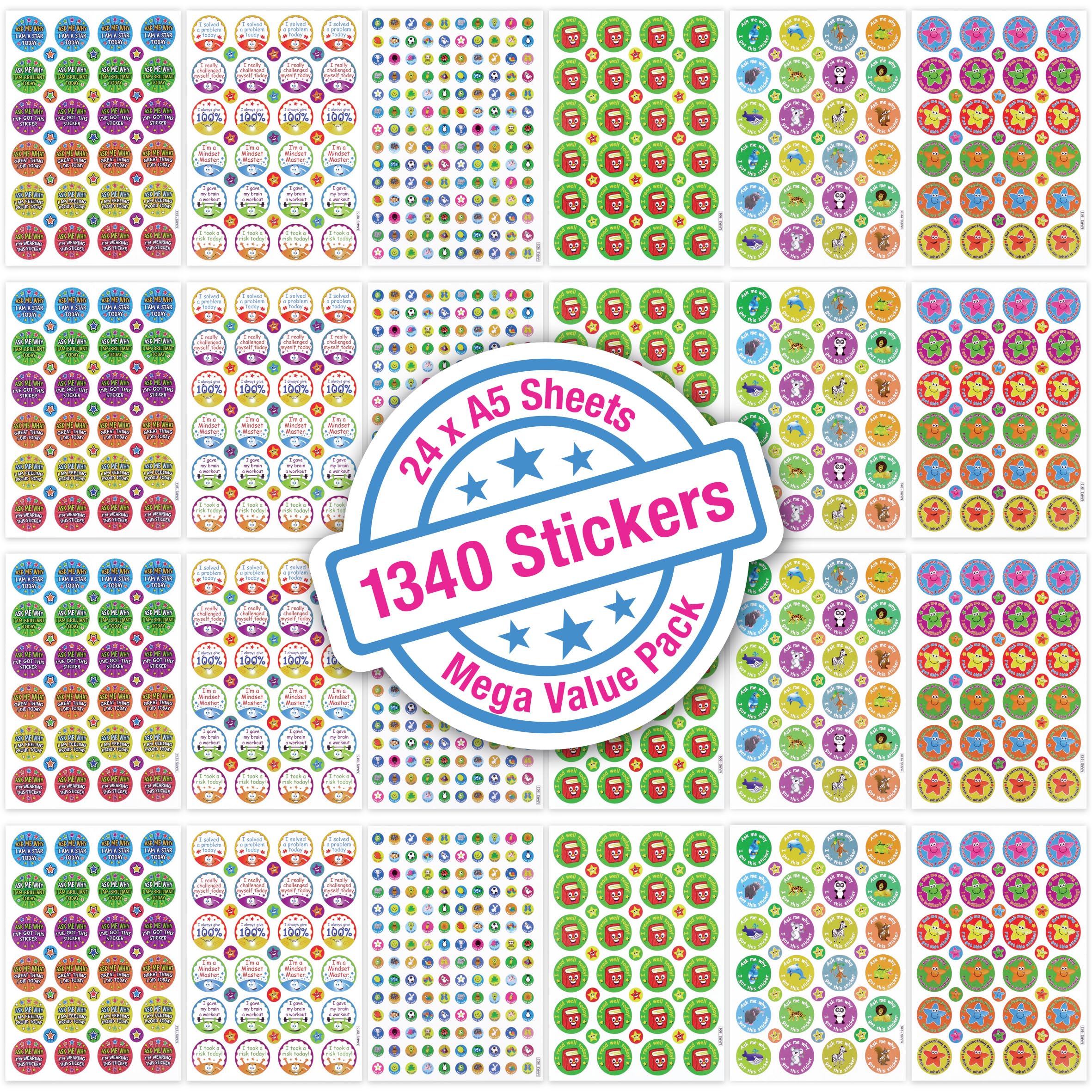 Reward Stickers for Teachers – 1340 Motivational Stickers for Kids, 24 Sheets of A5 - Classroom Rewards, Praise & Achievement Stickers, Teacher Supplies, KS1 & KS2
