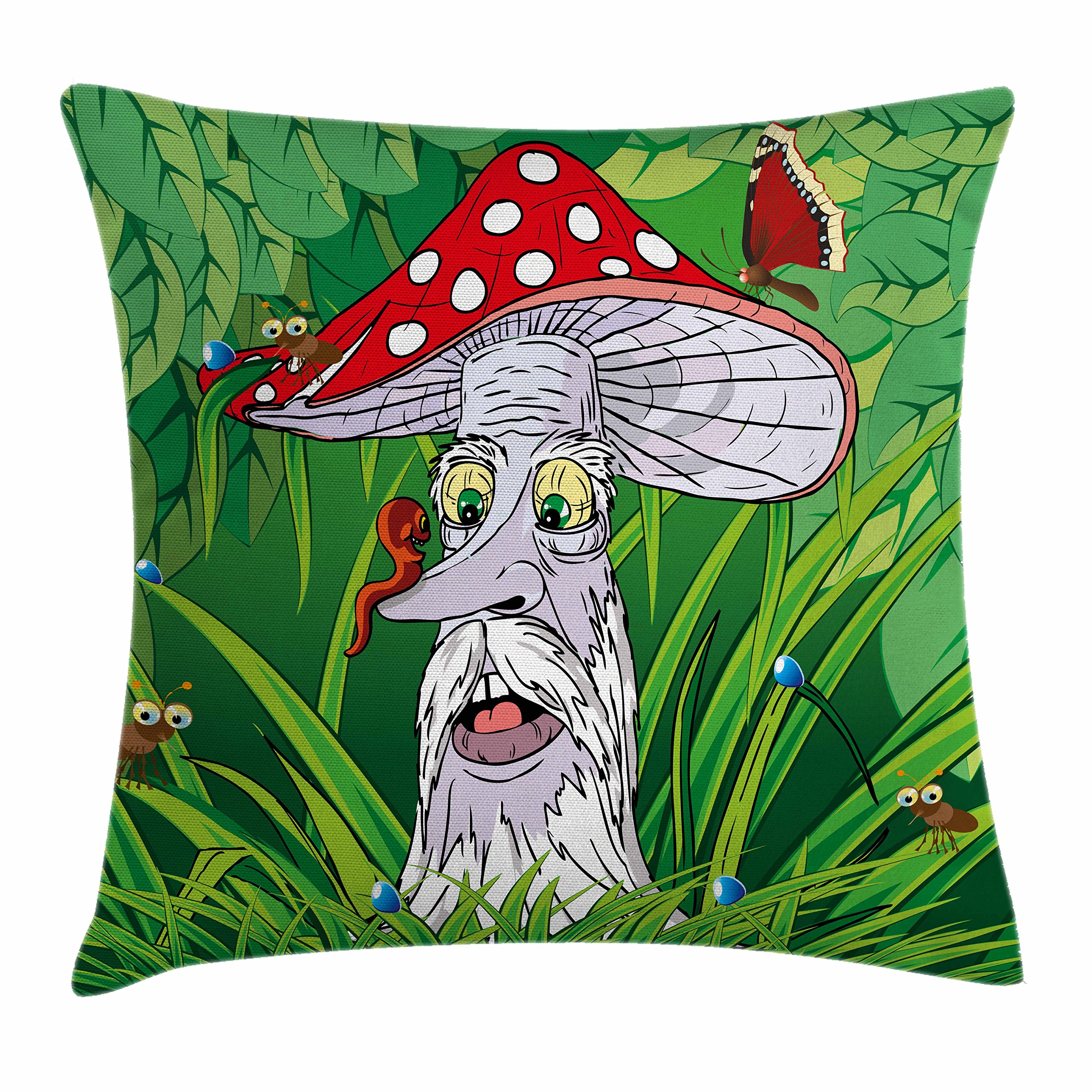 Lunarable Mushroom Throw Pillow Cushion Cover, Old Aged Mushroom Grandpa with Various Jungle Animals Greenery Growth Cartoon, Decorative Square Accent Pillow Case, 40