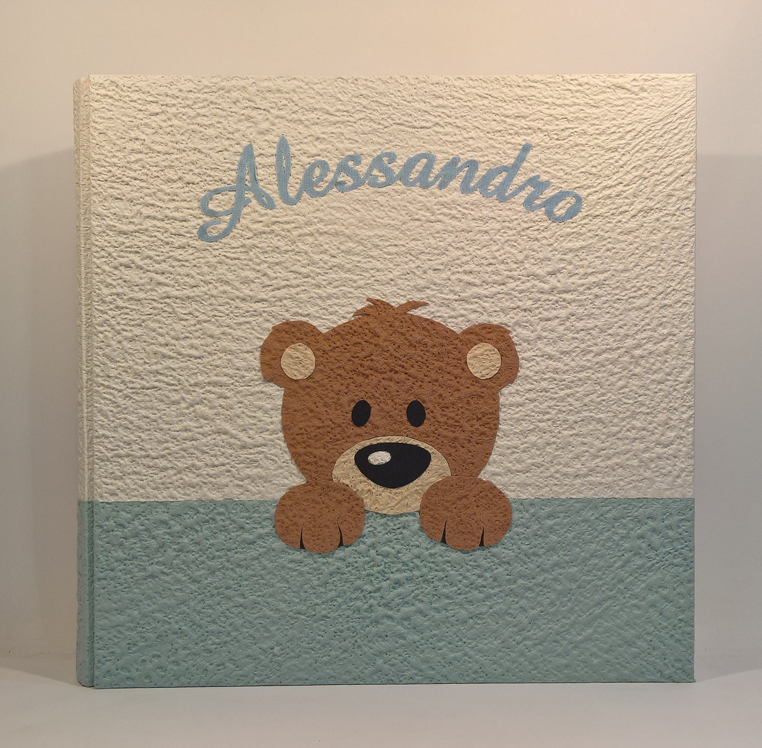 Album fotografico artigianale orsetto orso orsacchiotto cucciolo con nome personalizzabile regalo nascita bambino design legnoegrafite 35x35 cm con 60 fogli (120 facciate)