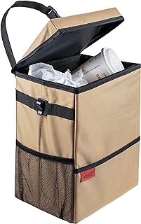 Lusso Gear 3.5 Gallon Spill-Proof Hanging Car Trash Can with Removable Liner (Tan)