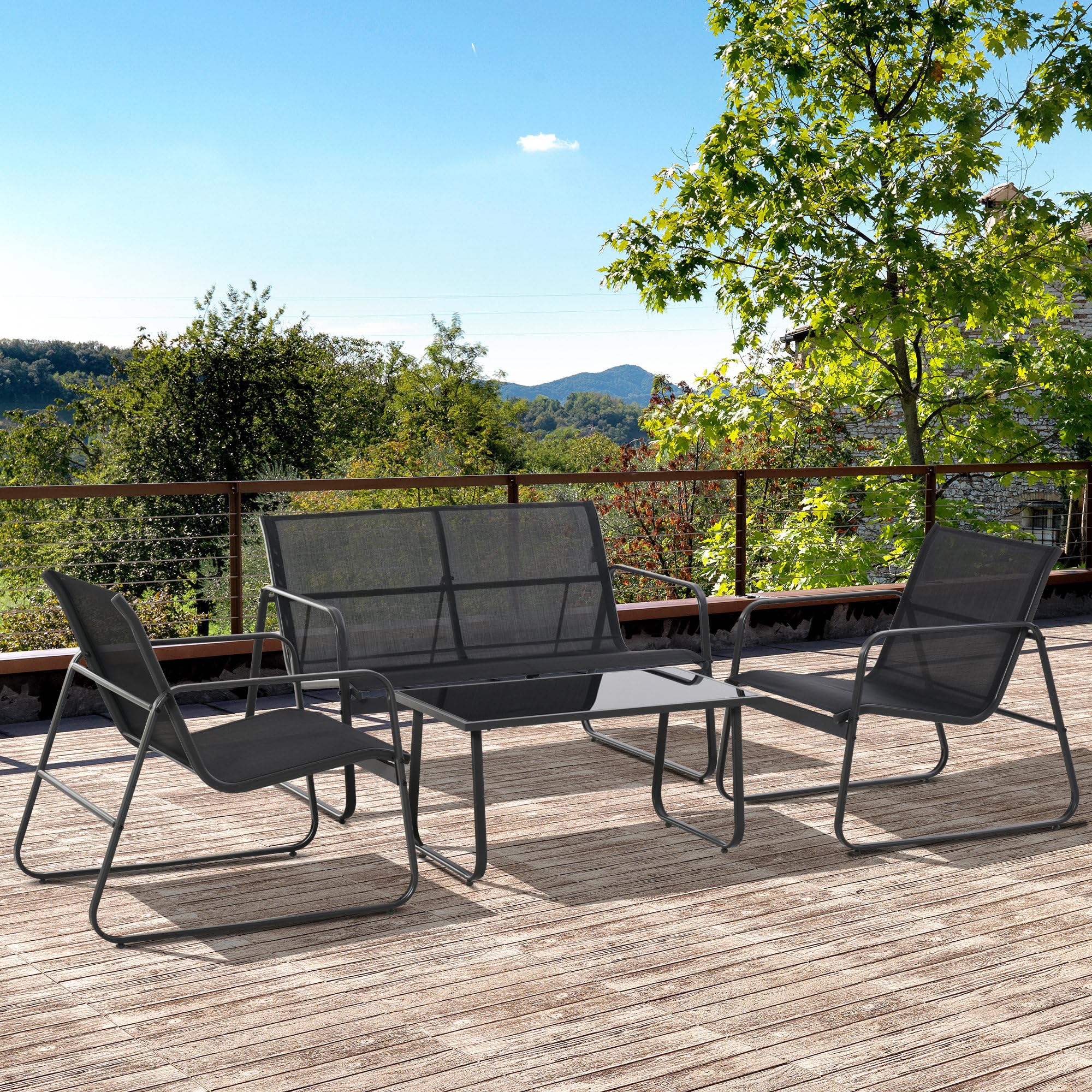 Outsunny Set Salotto da Giardino 4 Pezzi, Divanetto 2 Posti, Sedie, Tavolino Vetro Temperato, Metallo e Texteline, Nero