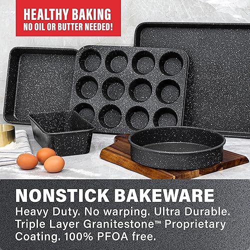 Miniatura 4 de Granitestone Juego de utensilios para hornear antiadherentes negros, juego de 5 moldes para hornear, apto para lavavajillas, no se deforma y se