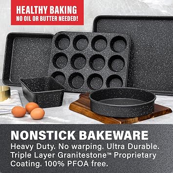 Granitestone Black 6 Pc Stackable Nonstick Bakeware Set With Oven Pans, Baking Sheet, Wire Rack - Complete Kitchen Baking Set, Oven/Dishwasher Safe, 100% Non Toxic