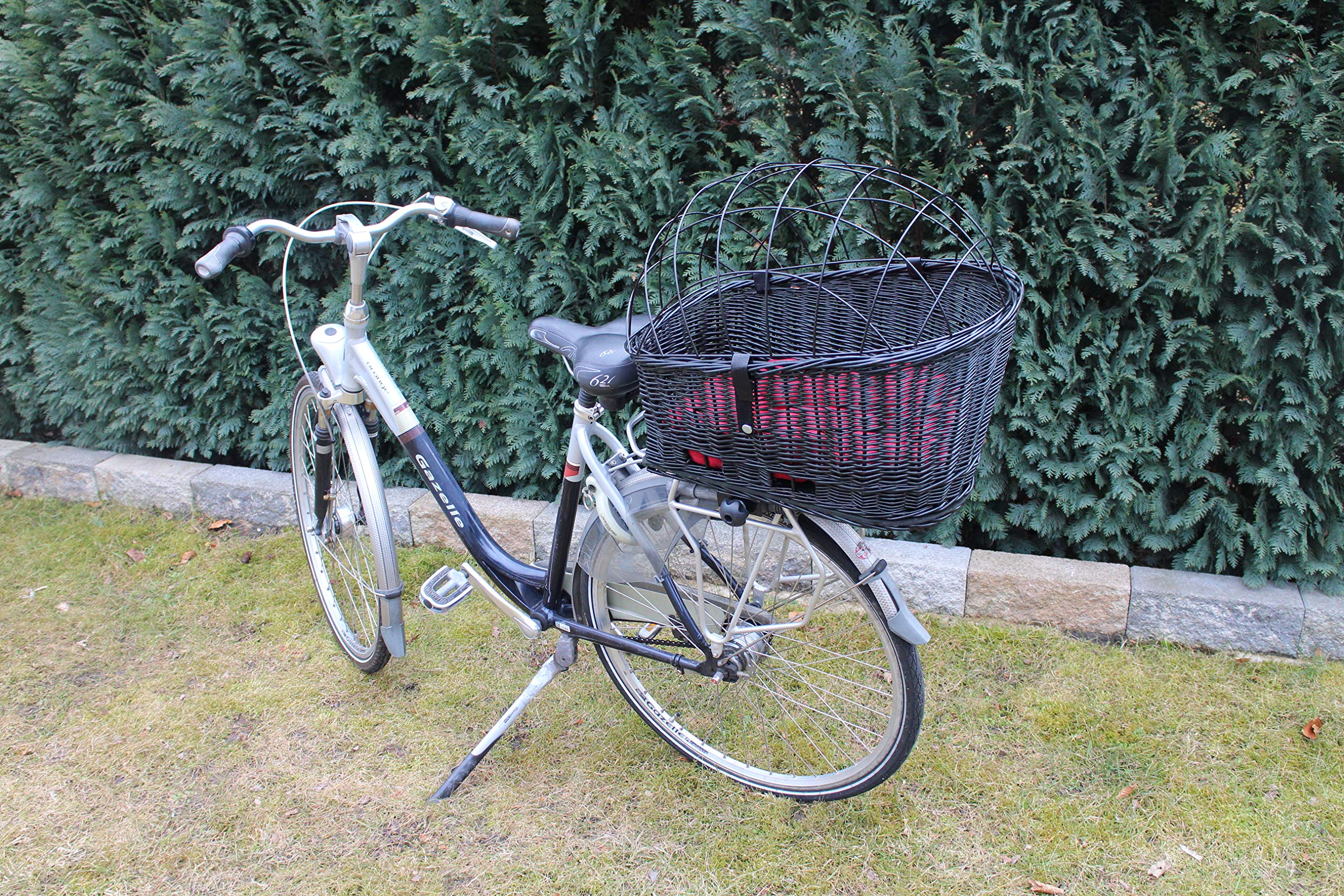 Hundefahrradkorb für Gepäckträger aus Weide mit Metallgitter und Kissen Schwarz XL oder XXL Gepäckträgerkorb Weidenkorb Hundekorb Tierkorb (XXL mit Kissen)