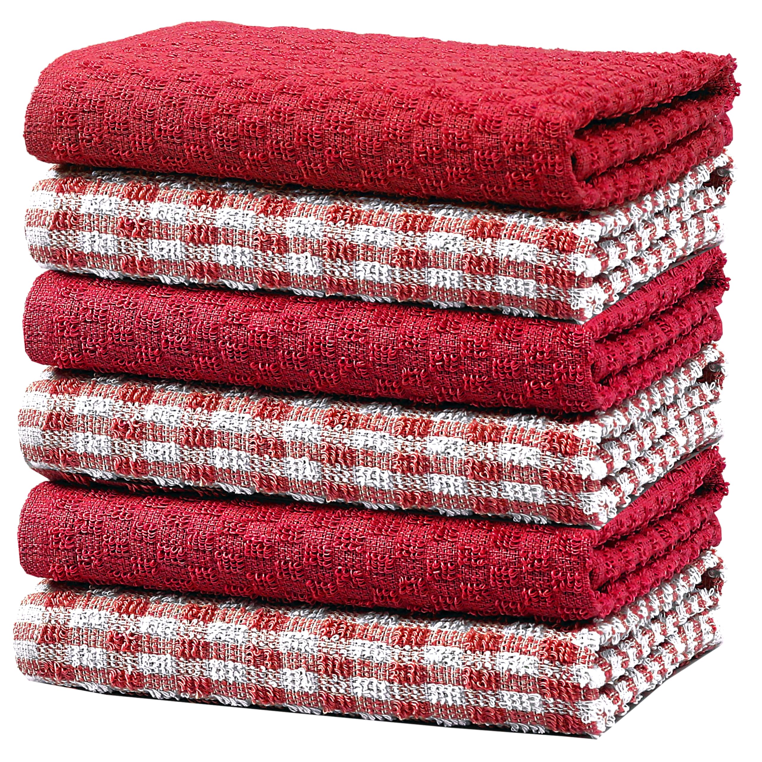 Olivia Rocco Red 100% Cotton Ascot Check Terry Tea Towels For Kitchen Pack Of 6 Super Absorbent Dish Cloth Towel For Drying & Cleaning Household Essentials, - 6 Pk