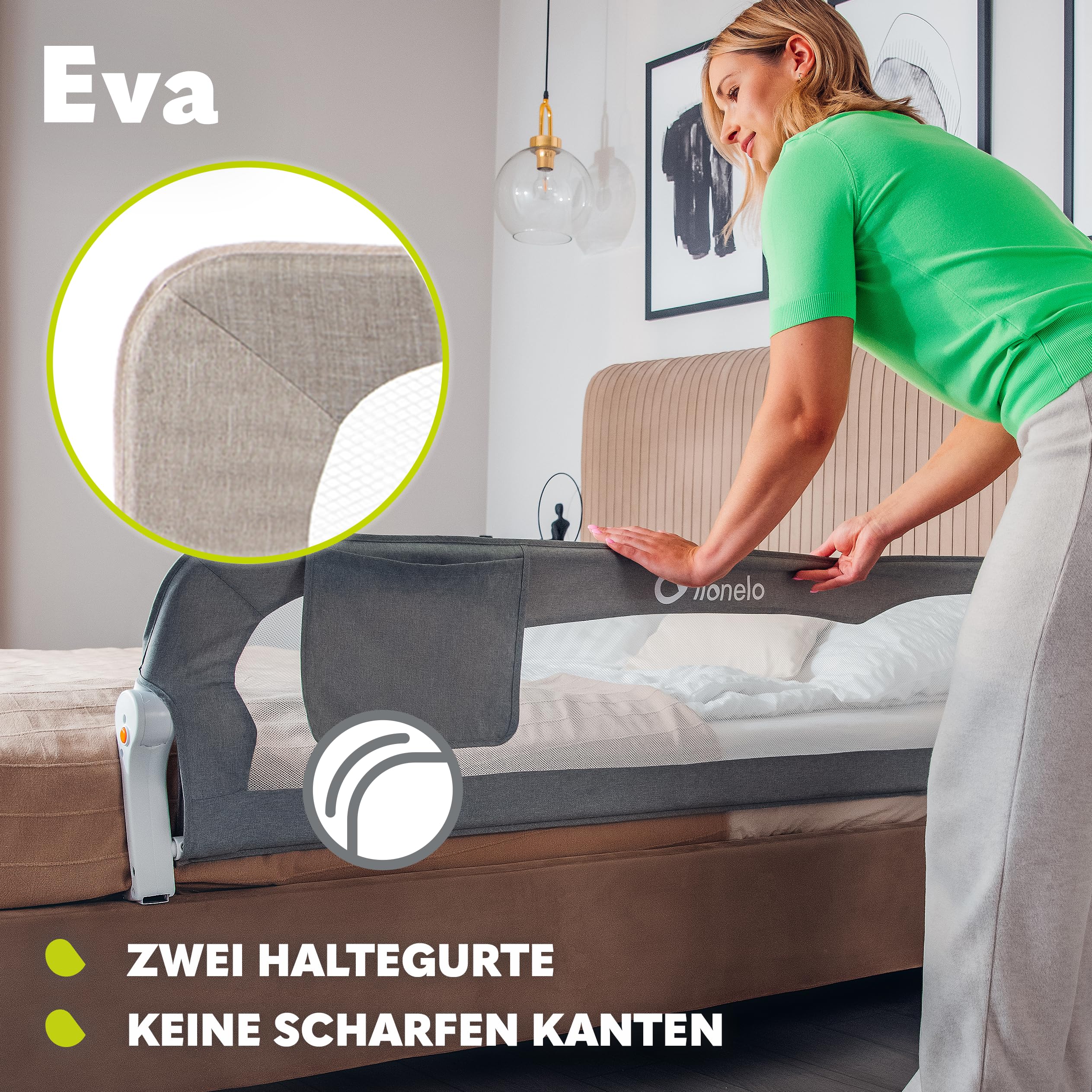 Lionelo Eva Rausfallschutz Bett Rausfallschutz Kinderbett, Bettgitter, Bettschutzgitter, luftiges Netz, zusammenklappbar um 180 Grad, einfache Montage, 150 cm lang