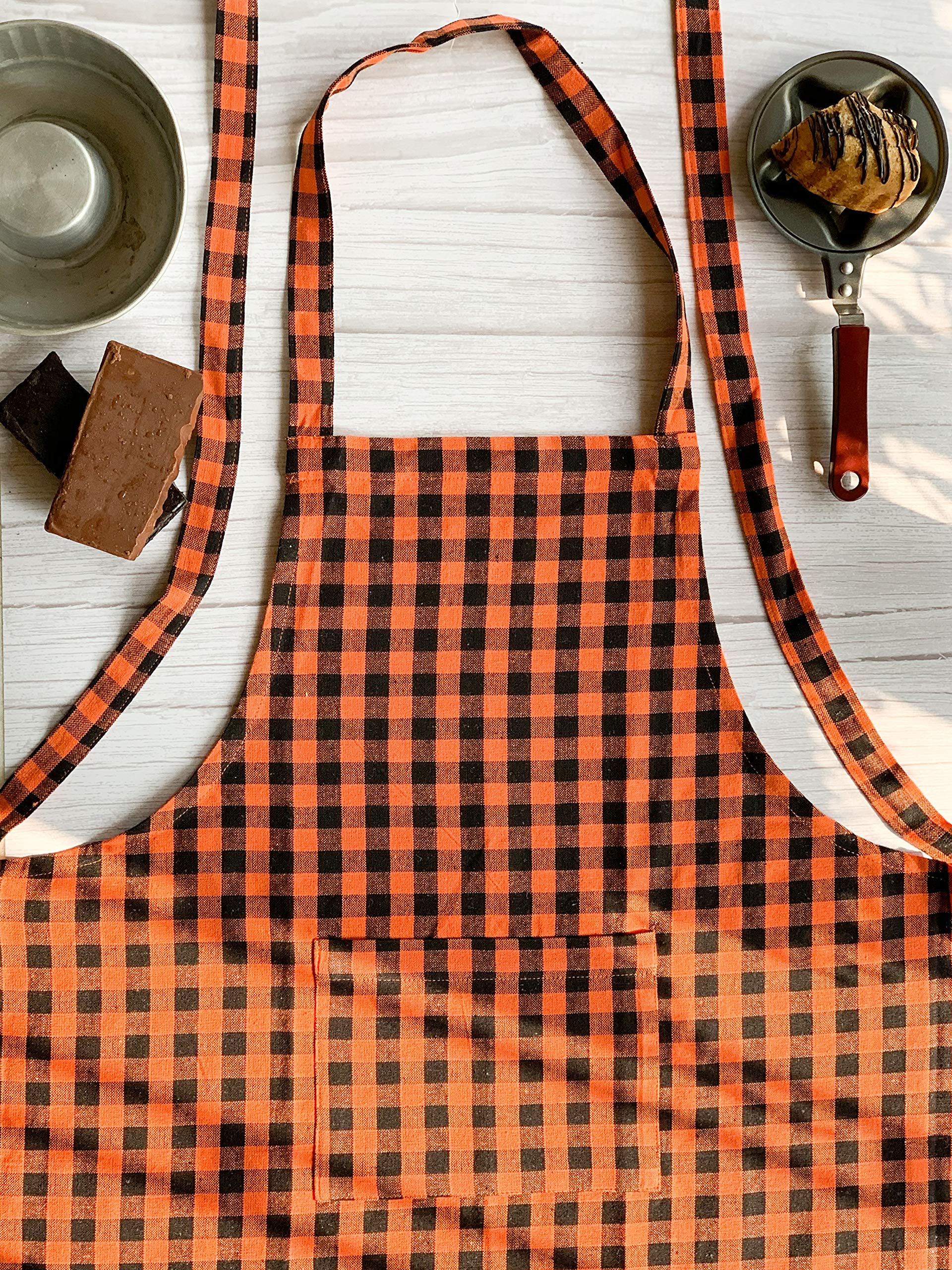 Pixel Home Cotton Apron 100% Cotton Check Kitchen Apron with Front Center Pocket Best Design Apron (Orange Black Check)