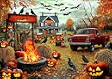 Halloween Scarecrow Haven 1000 Piece Jigsaw Puzzle for Adults Spooky Fall Farmhouse Scene with Jack-O-Lanterns, Ravens & Vintage Truck Challenging Puzzle Game (27.6