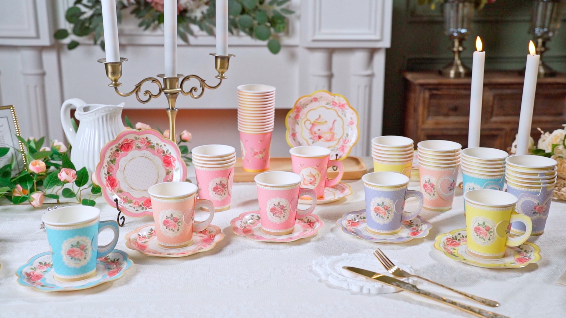 Amazon.com | Domensi 60 Pcs Floral Paper Tea Cups and Saucers 9 oz