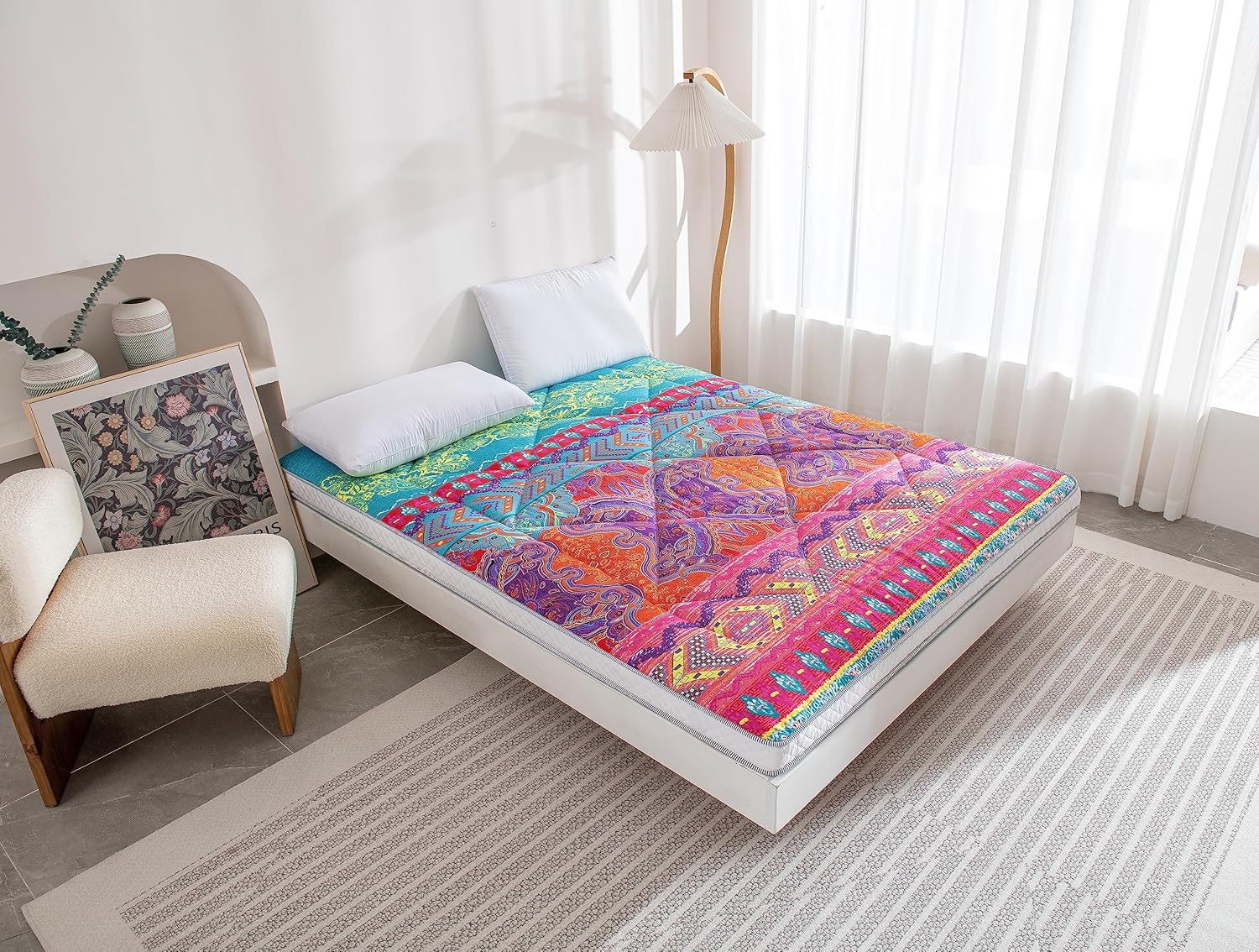 Japanese Foldable & Portable Roll up Camping Mattress, Thicken Sleeping Futon Mattress, Bohemia Blue Full