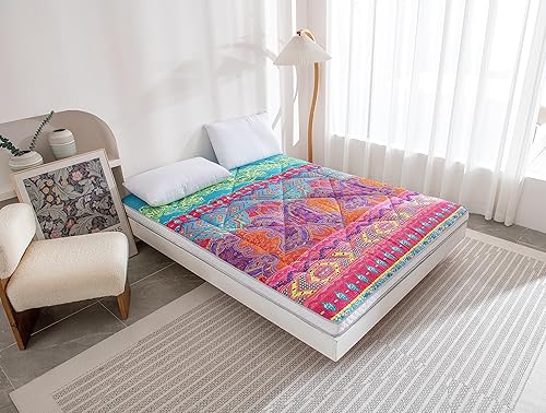 Colchón de futón japonés para suelo, plegable y portátil, grueso, para acampar, cama doble, color azul bohemio