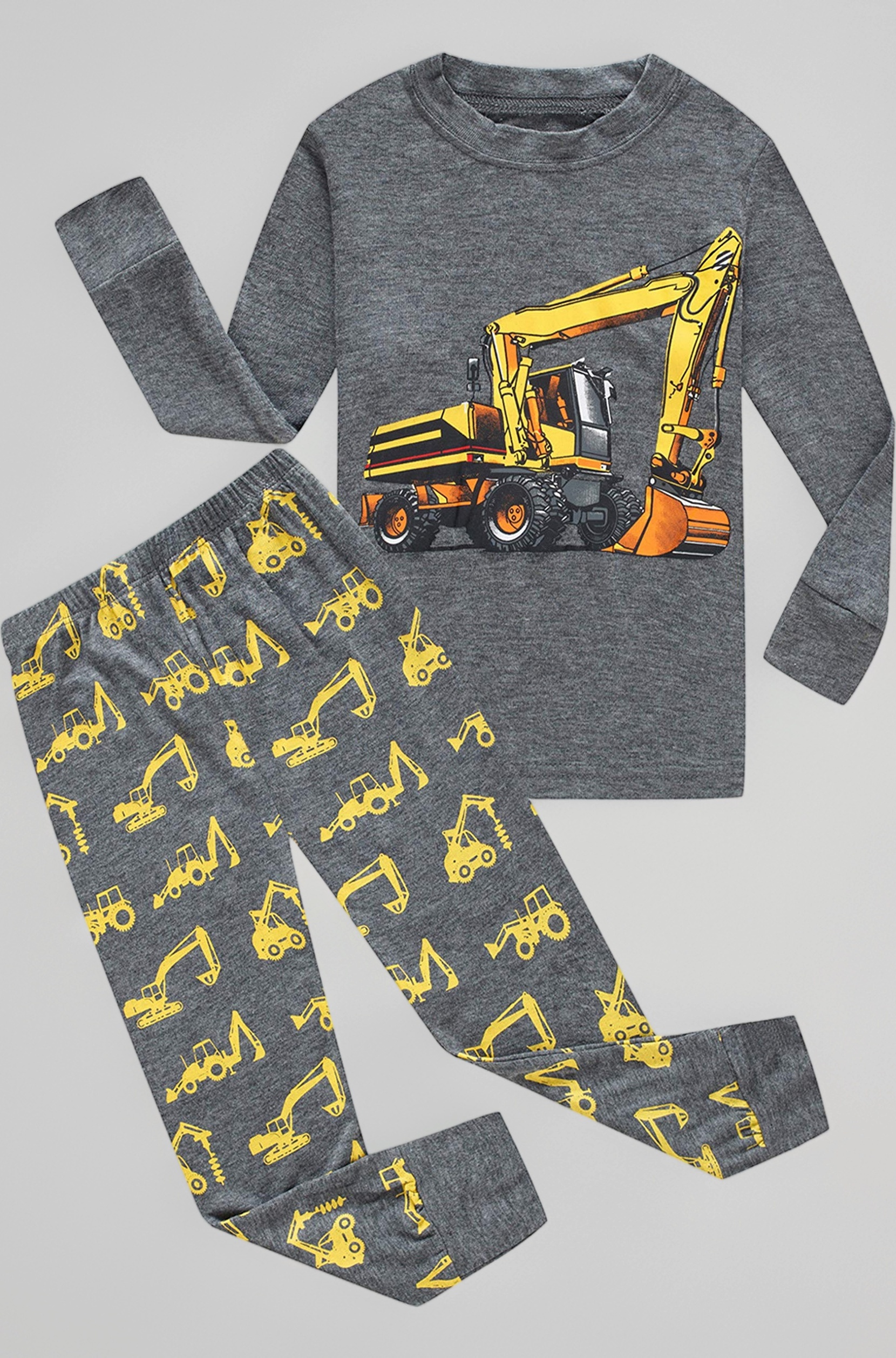 Family Feeling Dinosaur Little Boys Kids Pajamas Sets 100% Cotton Long sleeve Pjs, Grey/Excavator1, 4