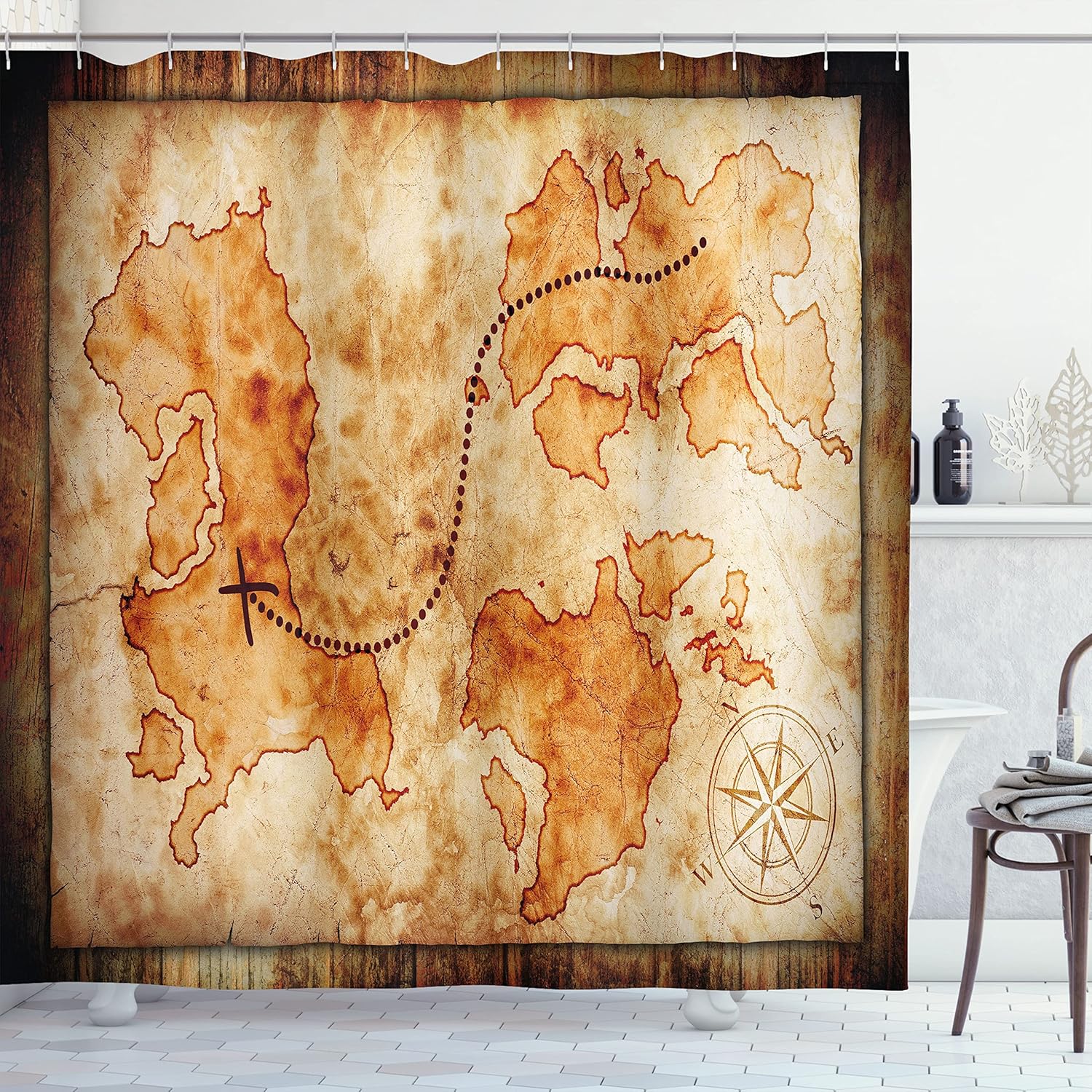 Ambesonne Vintage Shower Curtain, Old Treasure Map on Wooden Grunge Background with a Compass Pirate Atlas, Cloth Fabric Bathroom Decor Set with Hooks, 69" W x 70" L, Brown Ginger
