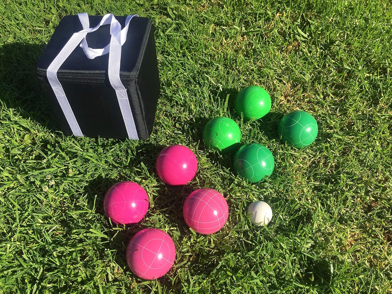 BuyBocceBalls Listing - Unique Bocce Set - 107mm with Green and Pink Balls, Black Bag