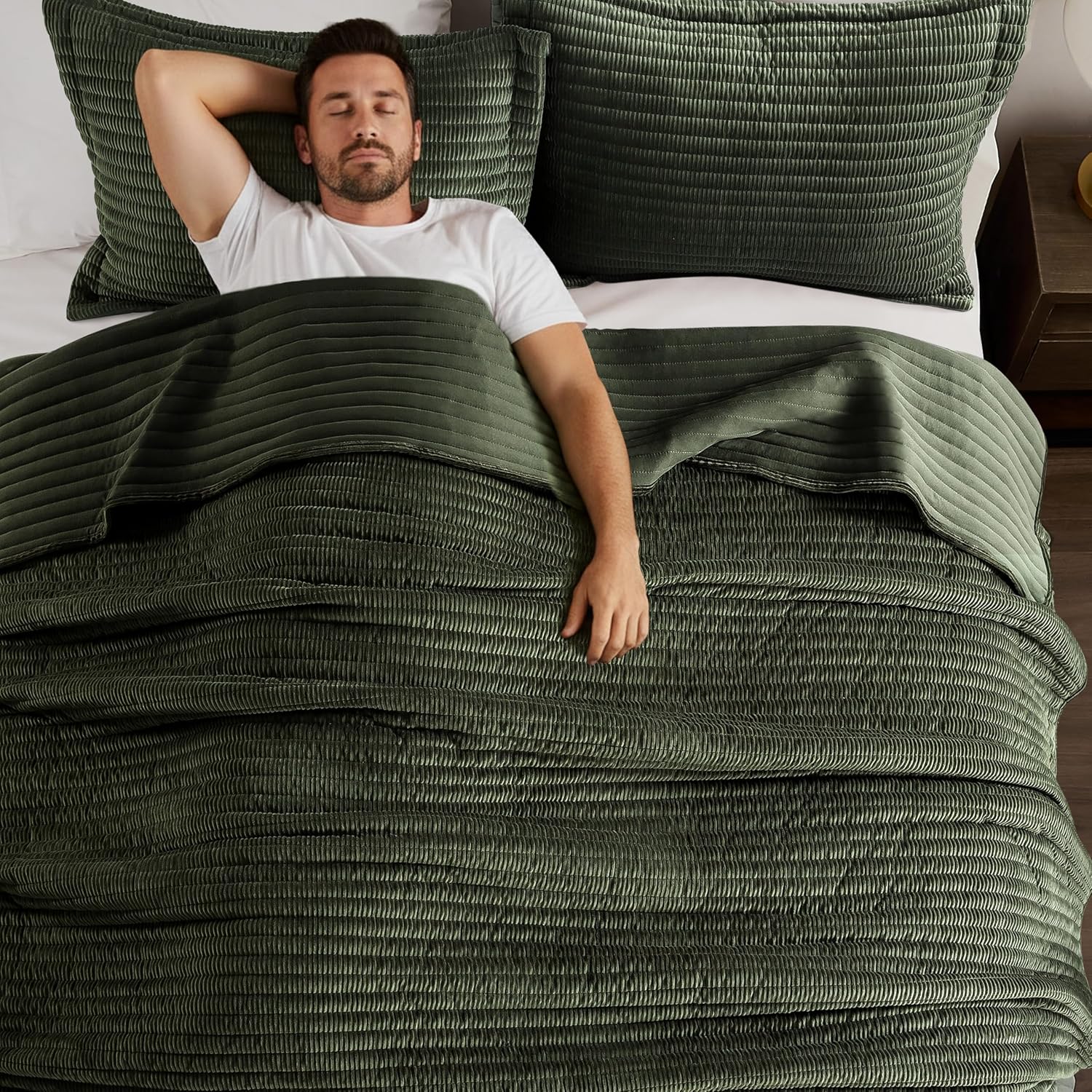 WDCOZY Velvet King Size Quilt Set - Olive Green Striped Soft Lightweight Bedspread, Dark Green Neutral Ribbed Farmhouse Country Rustic Coverlet, Modern Bedding Warm Thin Comforter, 3 Pieces - Image 4