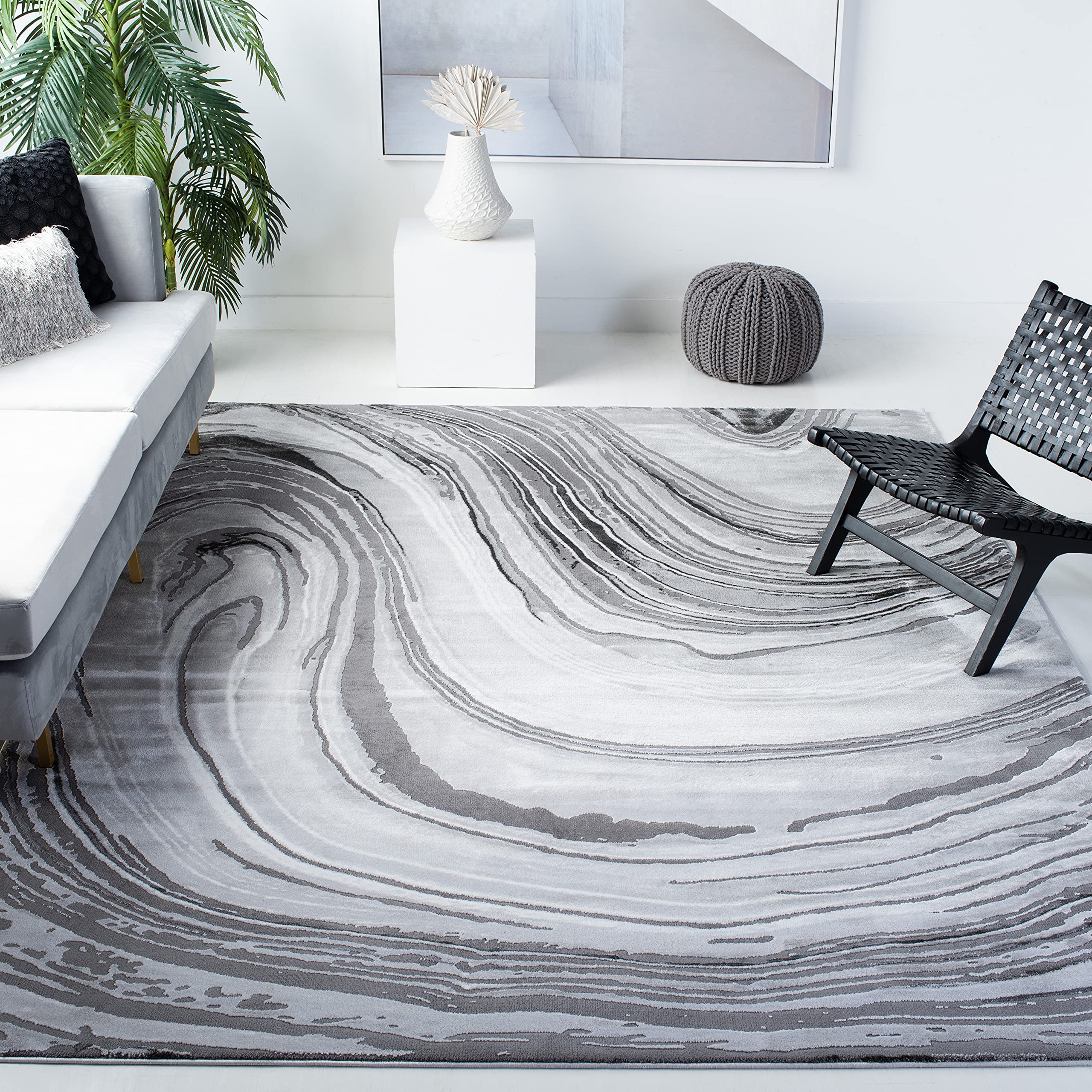 SAFAVIEH Craft Collection Area Rug - 6'7" Square, Light Grey & Grey, Modern Abstract Design, Non-Shedding & Easy Care, Ideal for High Traffic Areas in