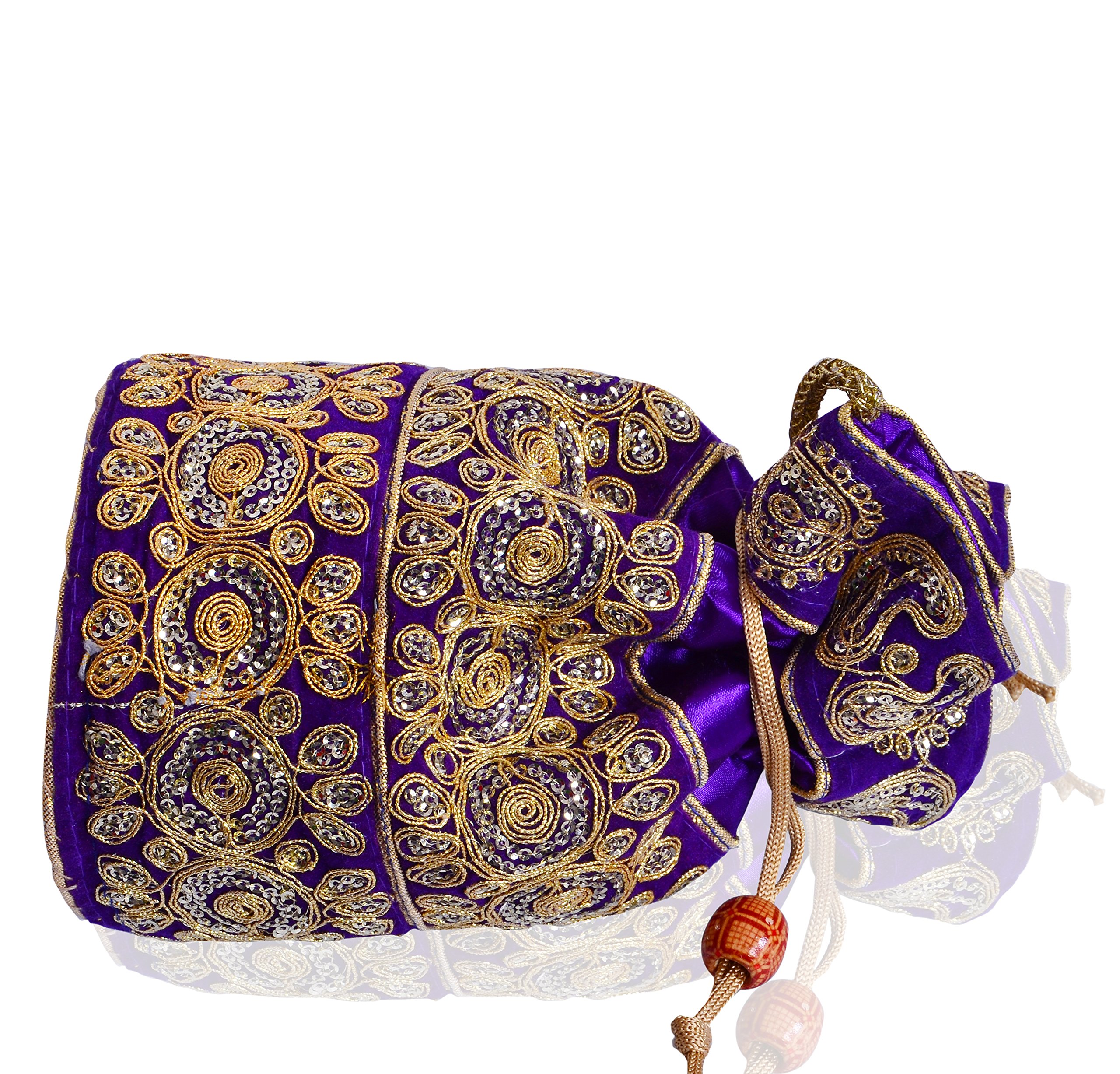 Purpledip Potli Bag (Clutch, Drawstring Purse) For Women With Intricate Gold Thread & Sequin Embroidery Work, Purple Color (10532) - Image 2 thumbnail