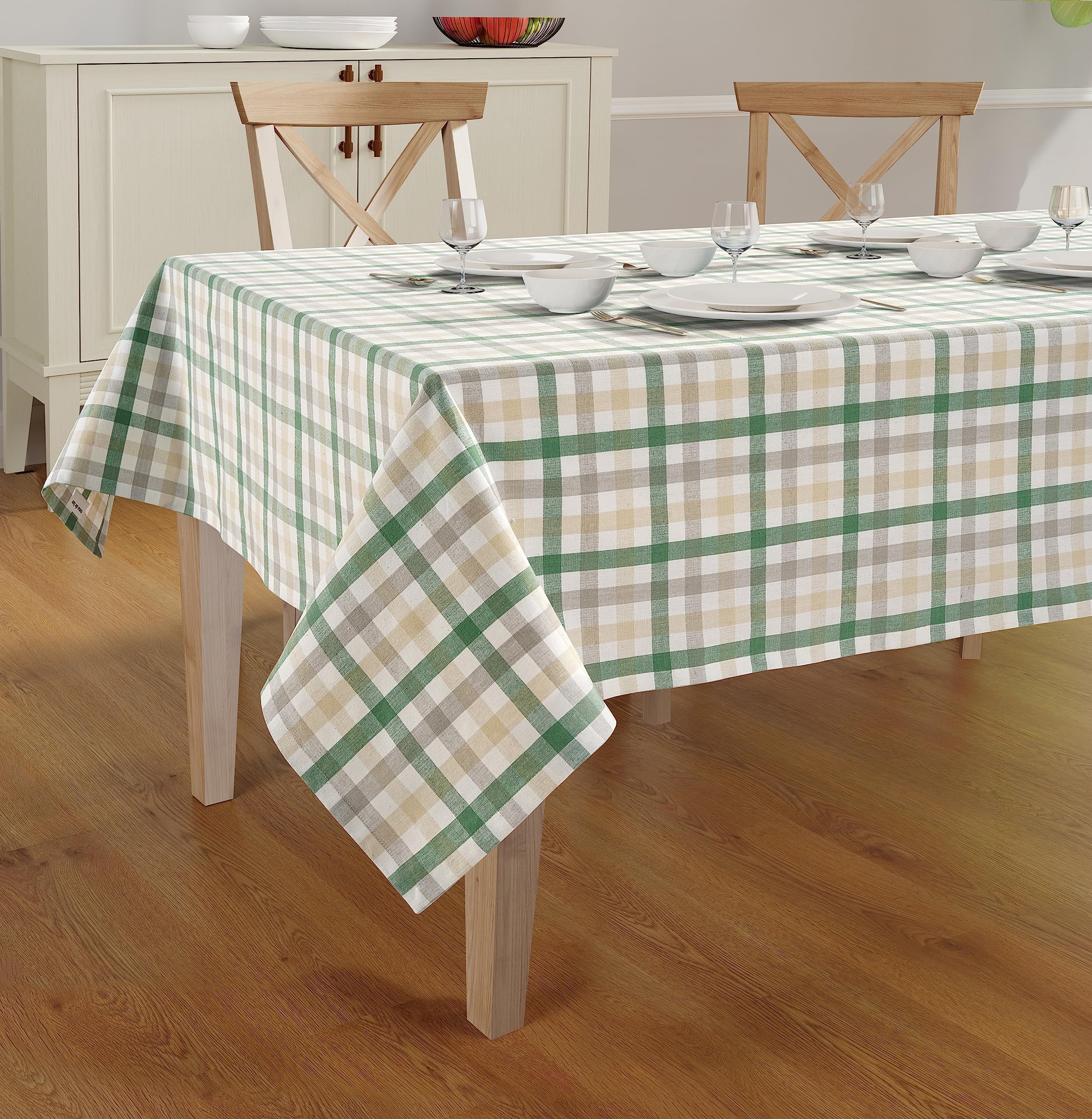 Cotton Table Cloth - Rectangle Table Cover - Multicolor Check Cover - Cotton Mitered Stitched - Wrinkle Free - for Kitchen Dining, Wedding, Decorations, & Parties - 60'' x 104'' - Green