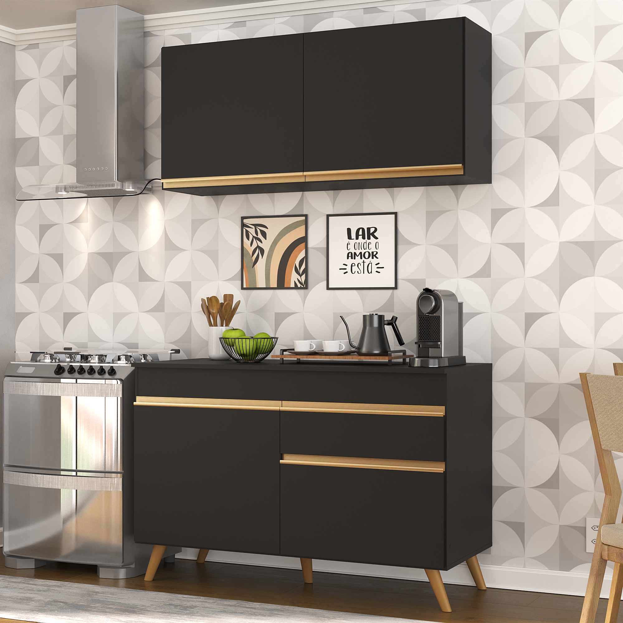 Cozinha Compacta 2 pç c/Armário e Balcão Mp3687 Veneza Gb Preta