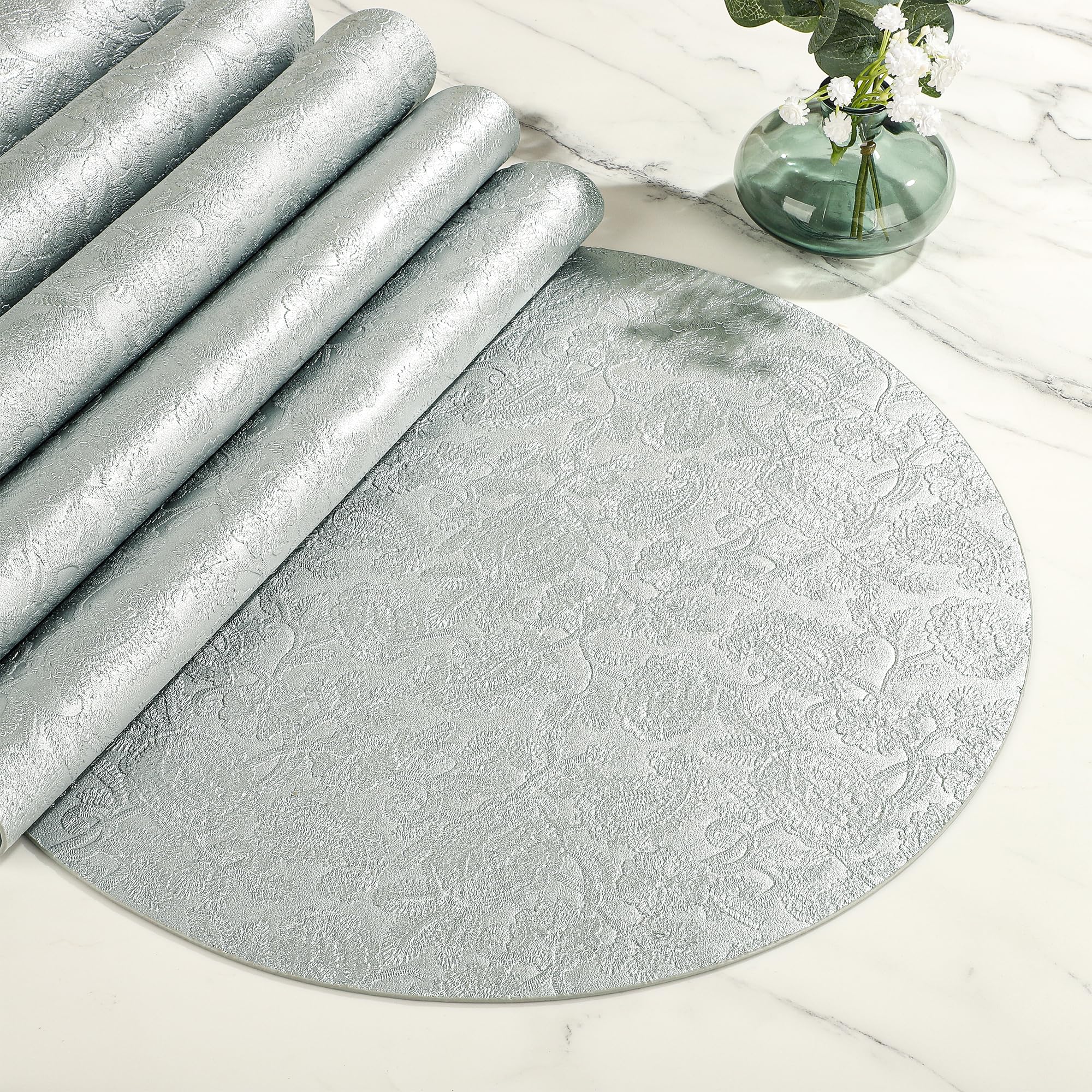 fanquare Floral Printed Silver Placemats Sets of 6 Round PU Faux Leather Table Mats Heat Resistant Wipeable Non-Slip Place Mats for Dining Kitchen Table Wedding Decoration 38cm - Image 2